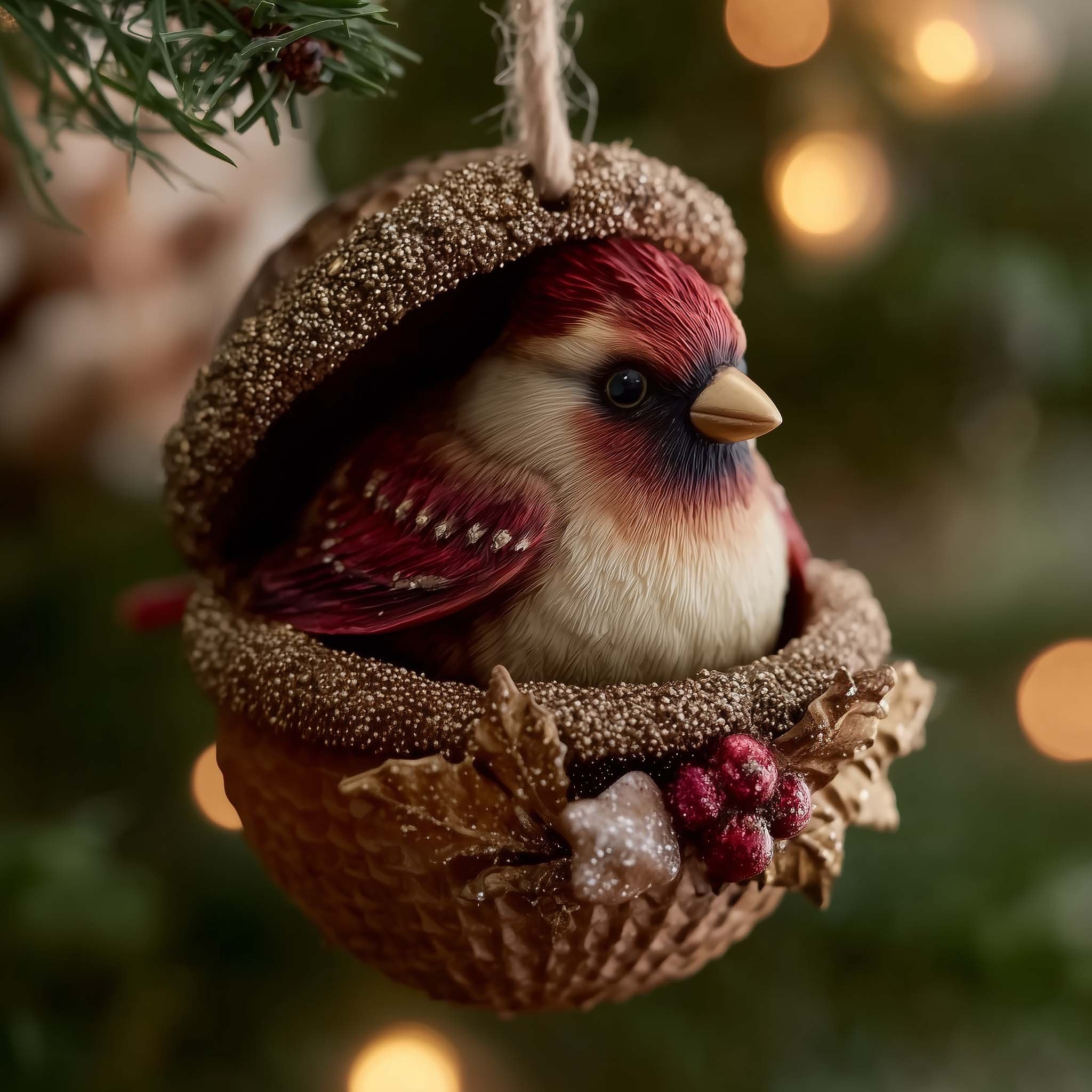 Cardinal in an Acorn Cap Christmas Ornament
