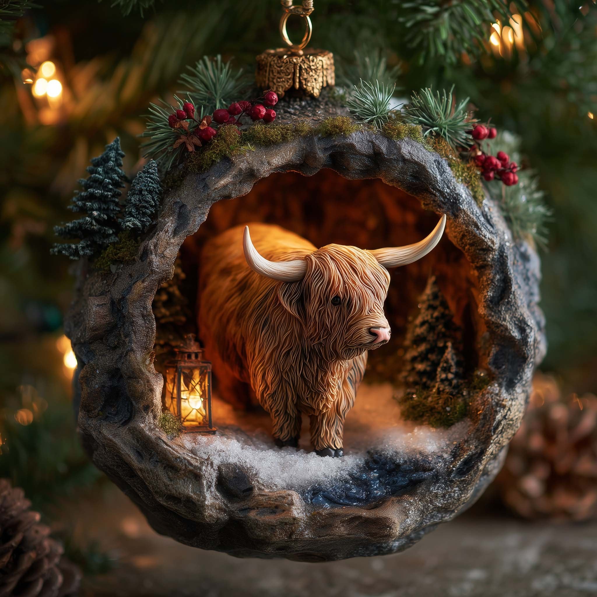 Highland Cow in a Rock Grotto Christmas Ornament
