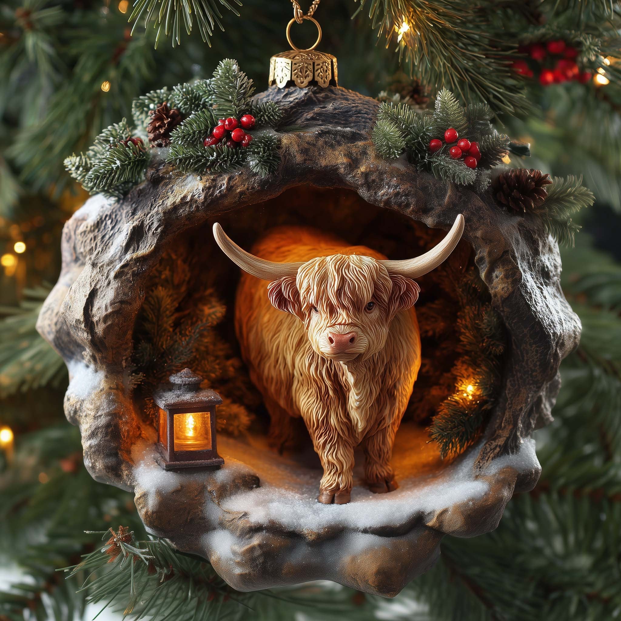 Highland Bull with a Lantern Cave Christmas Ornament