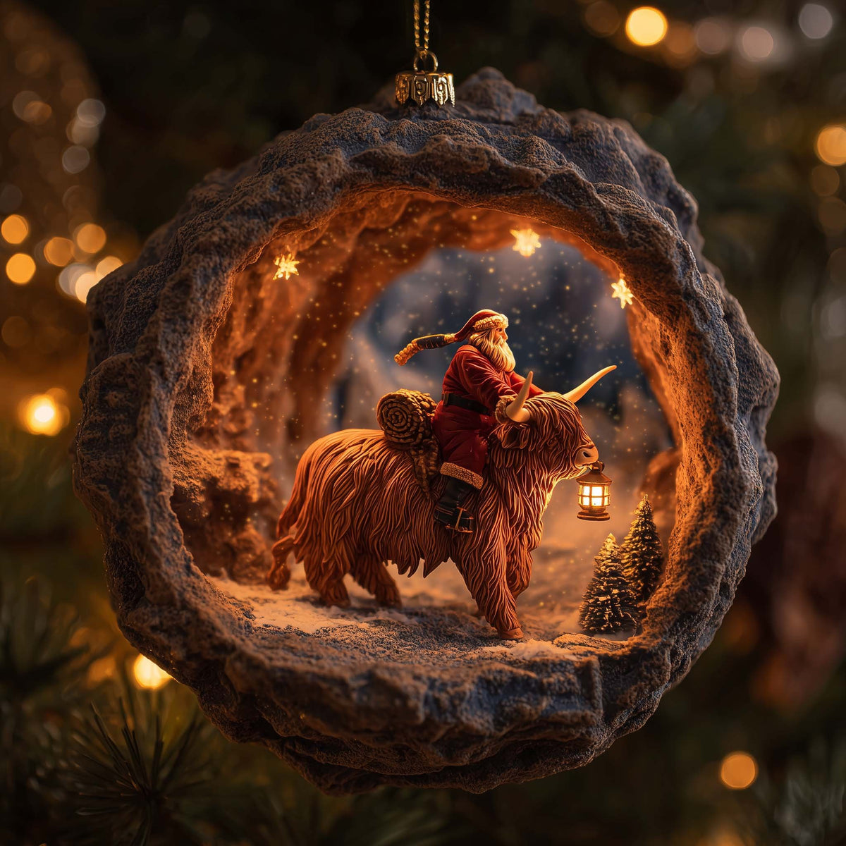 Santa Riding a Highland Cow in a Cave Christmas Ornament
