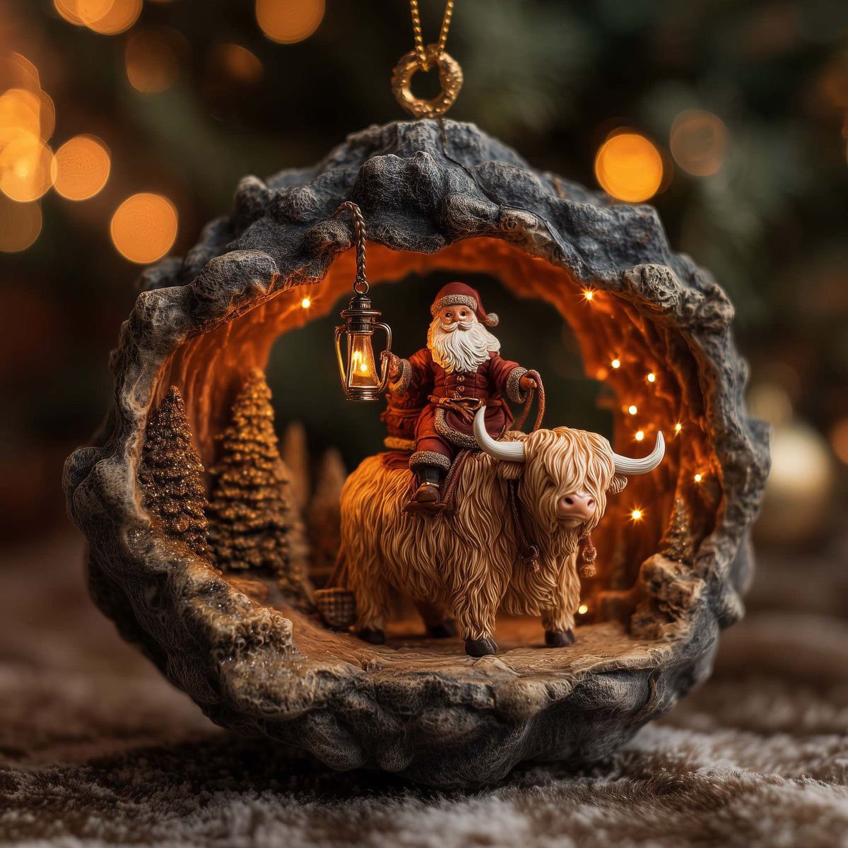 Santa and Highland Cow with a Lantern Christmas Ornament