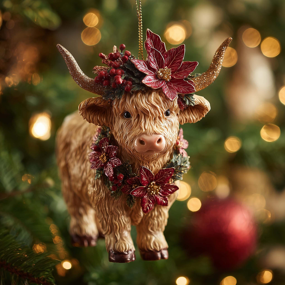 Highland Cow with a Poinsettia Crown Christmas Ornament