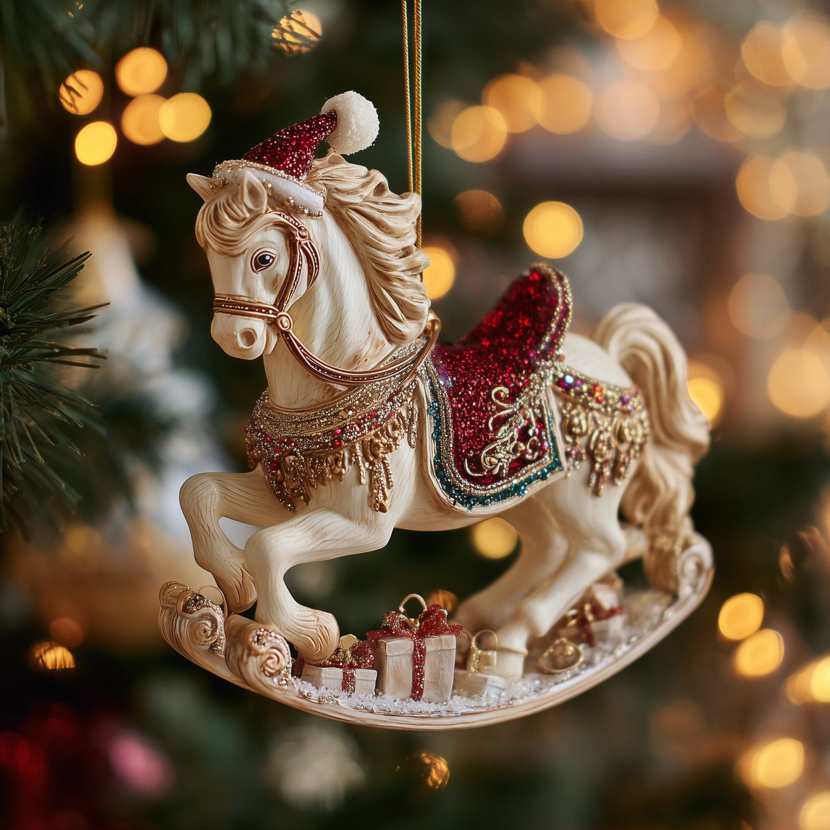 Ivory Rocking Horse with Gifts Christmas Ornament