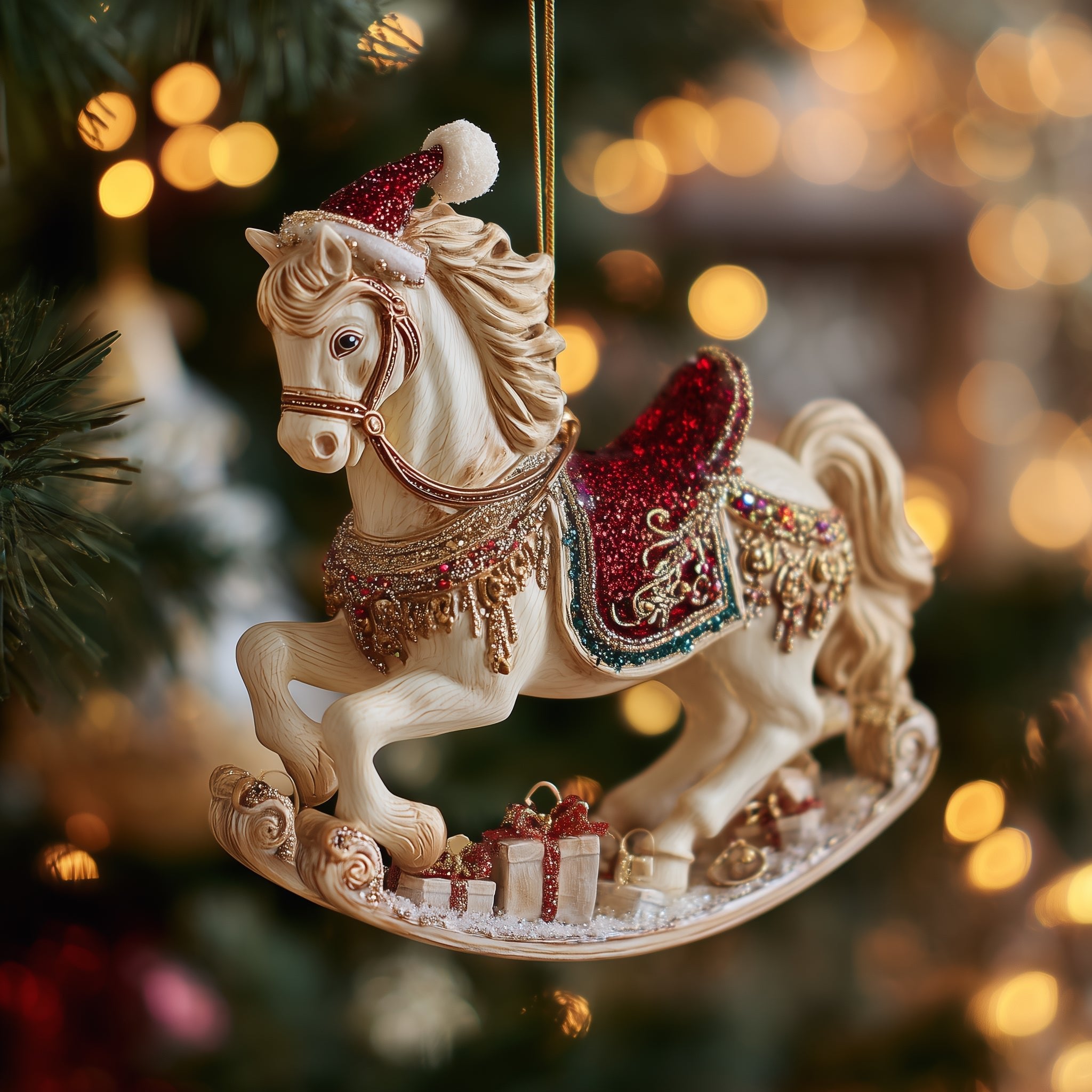 Ivory Rocking Horse with Gifts Christmas Ornament