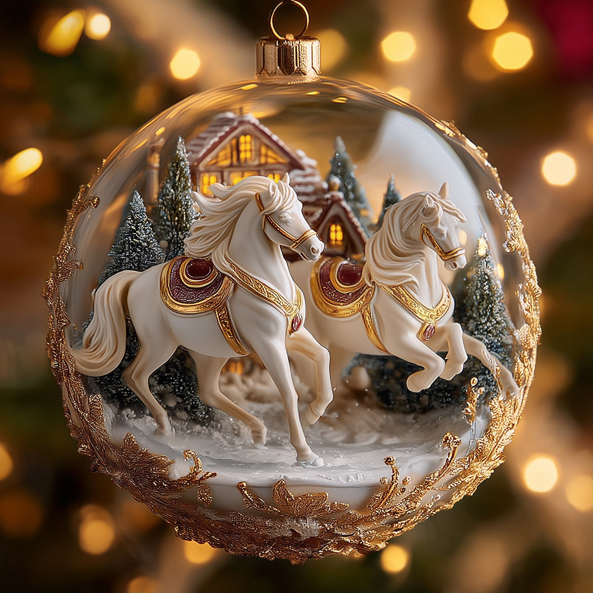 White Horses in a Snow Globe Christmas Ornament
