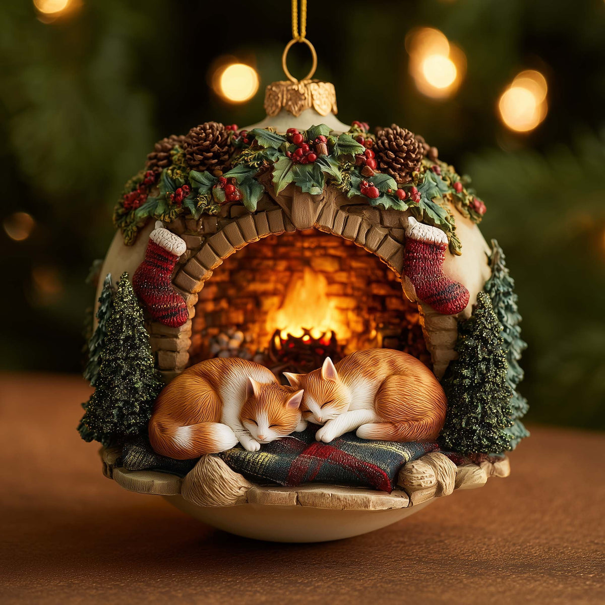 Cats Asleep by the Fireplace Christmas Ornament