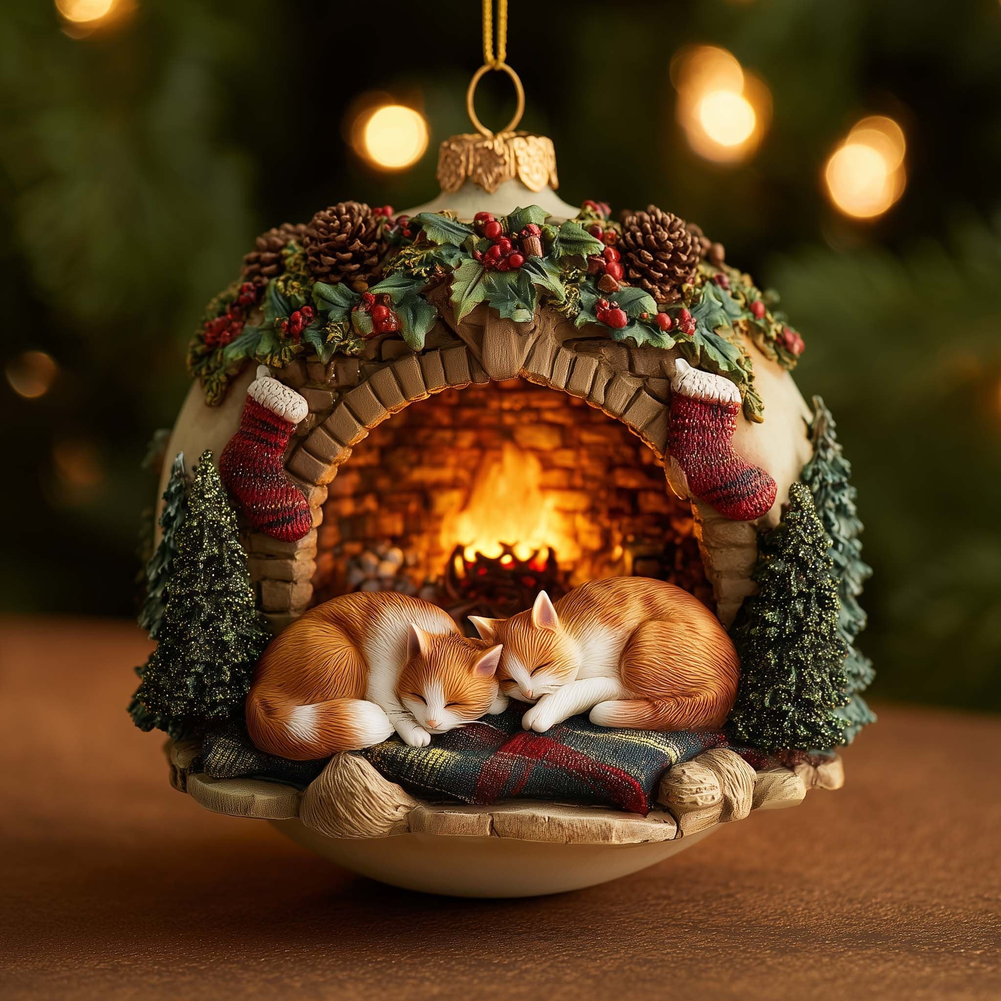 Cats Asleep by the Fireplace Christmas Ornament