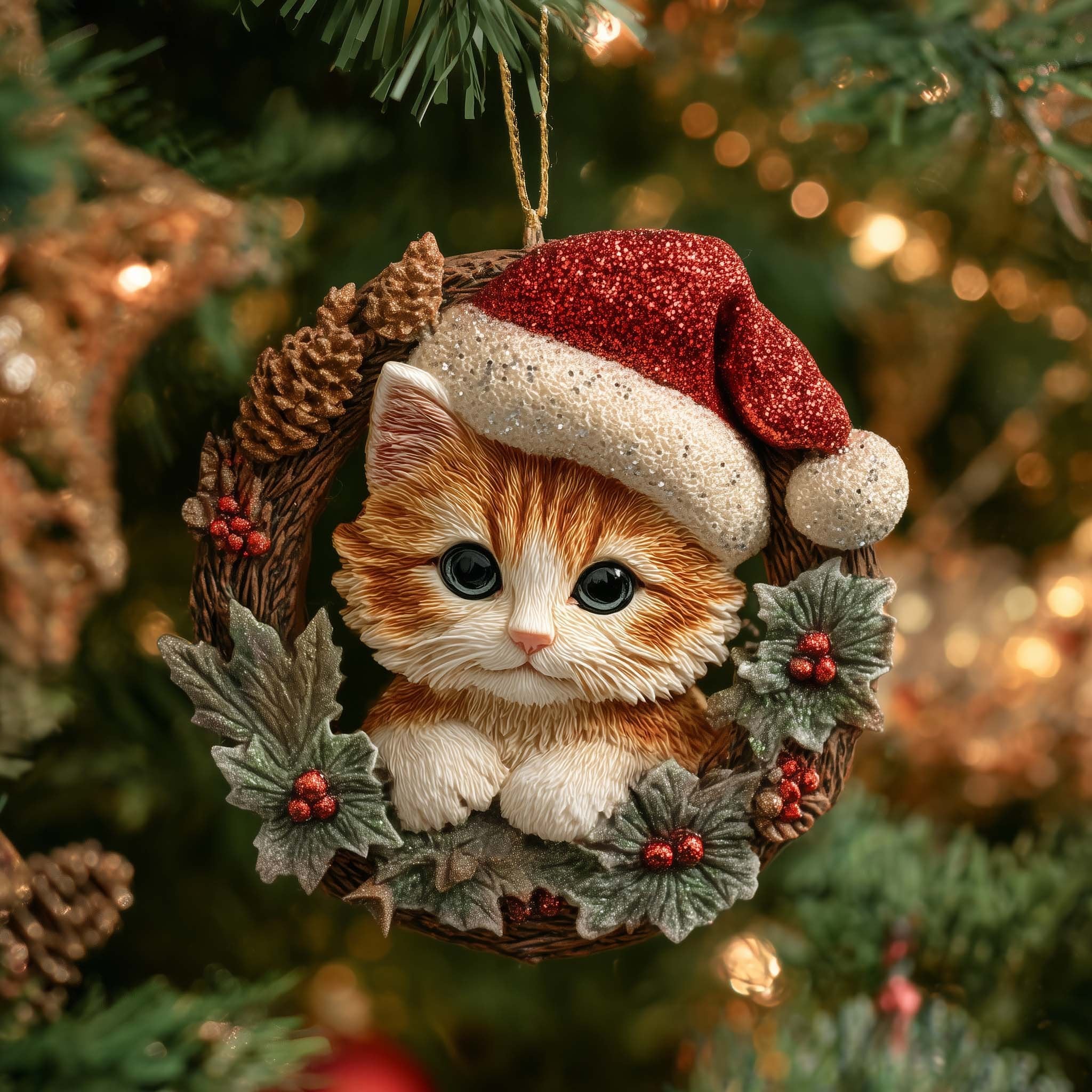 Santa Hat Kitten in a Wreath Christmas Ornament