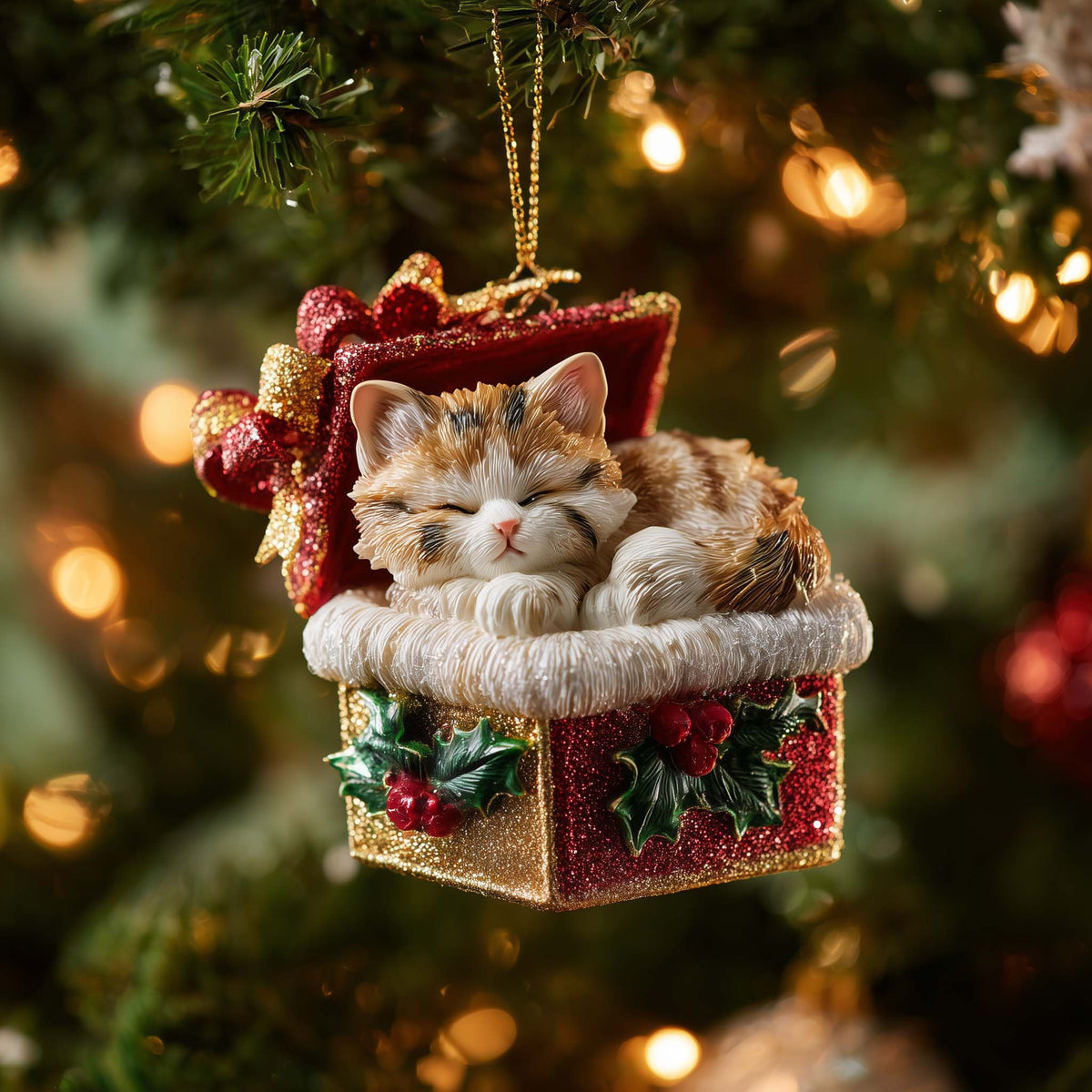 Kitten Asleep in a Gift Box Christmas Ornament