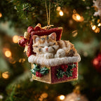 Kitten Asleep in a Gift Box Christmas Ornament