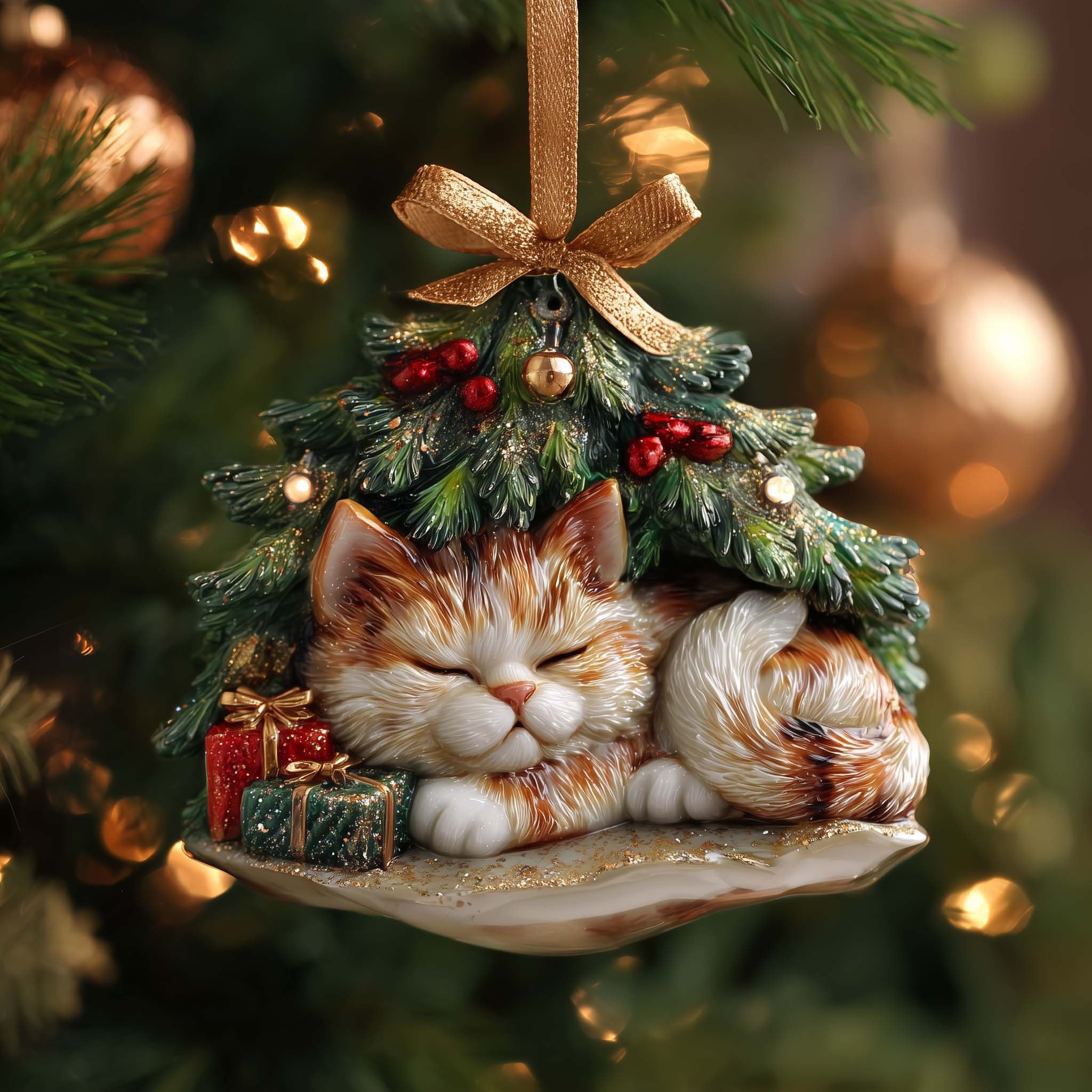 Calico Cat Under the Tree Christmas Ornament
