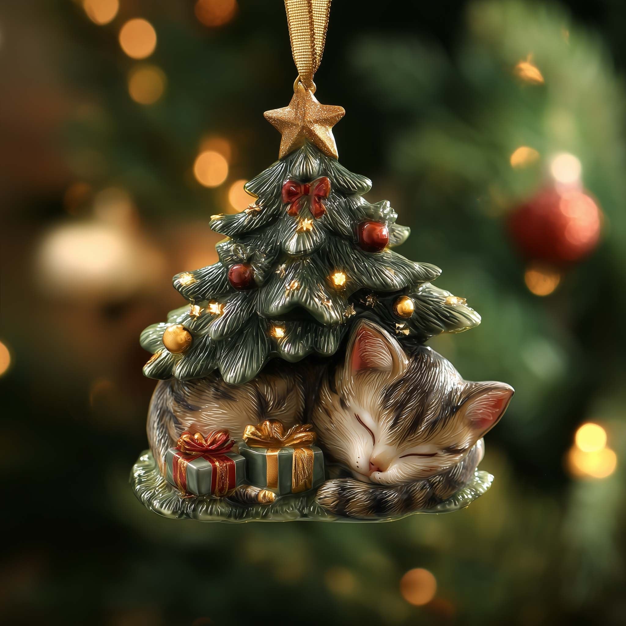 Cat Napping by the Presents Christmas Ornament