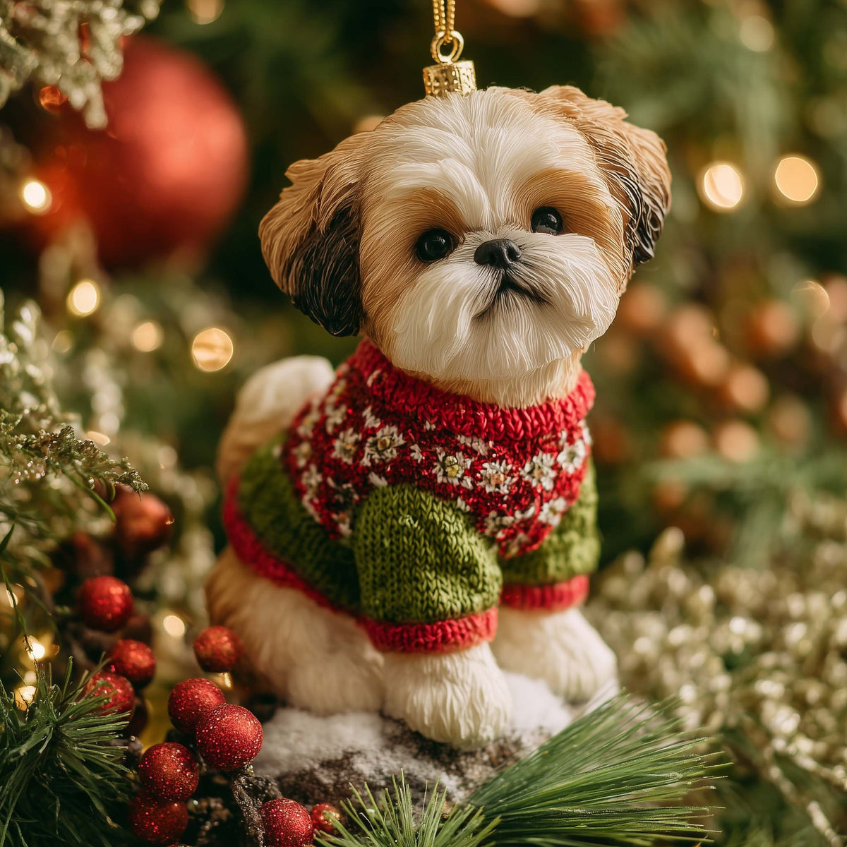 Shih Tzu in a Holly Sweater Christmas Ornament