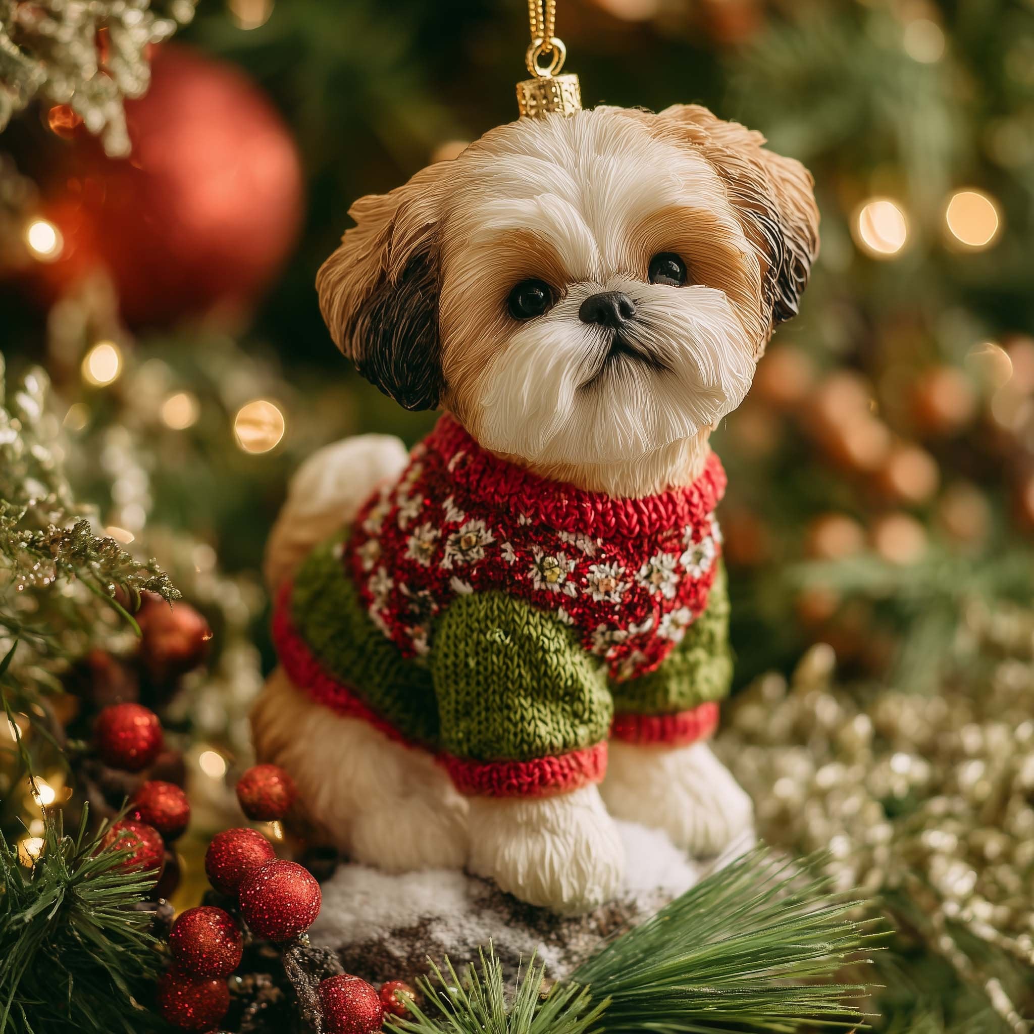 Shih Tzu in a Holly Sweater Christmas Ornament