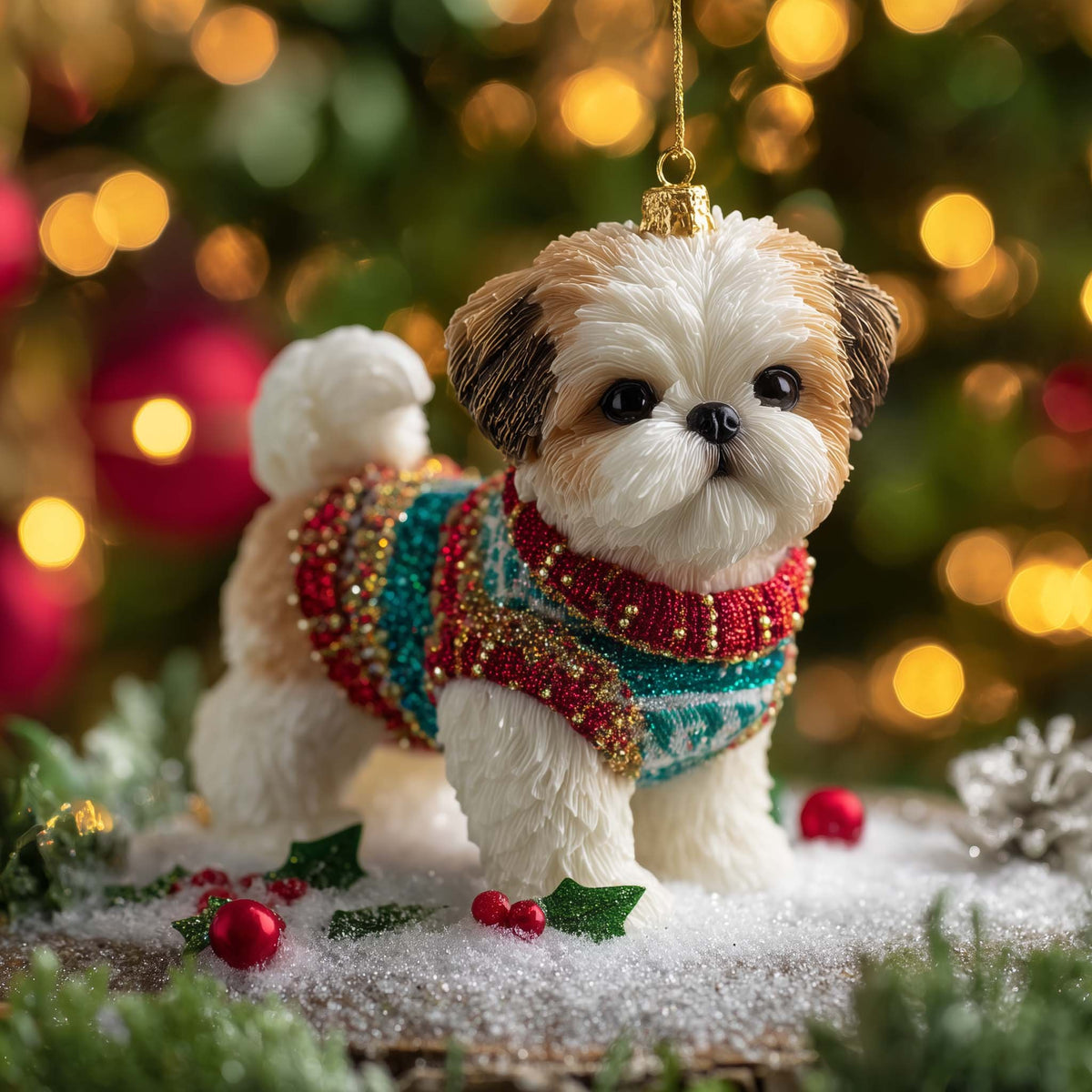 Shih Tzu in a Teal Winter Coat Christmas Ornament