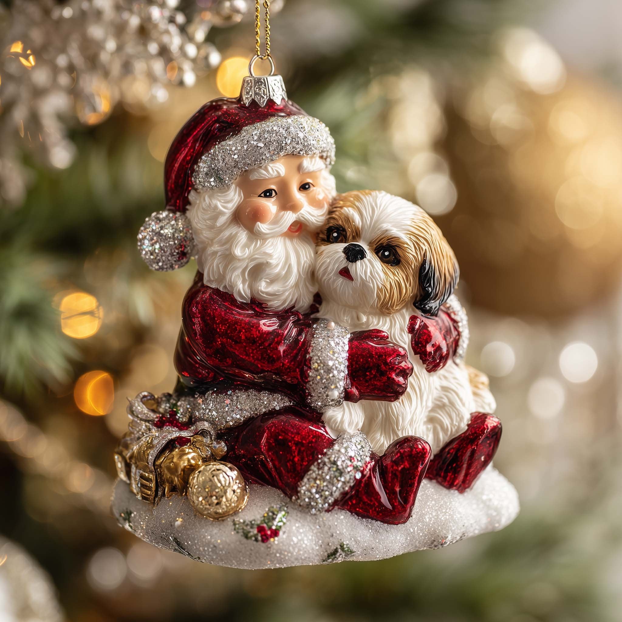 Santa Cuddling a Shih Tzu Christmas Ornament