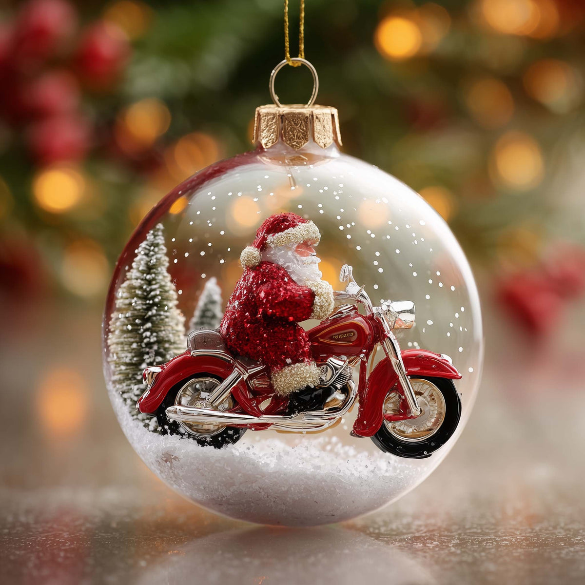 Santa's Motorbike in a Snow Globe Christmas Ornament