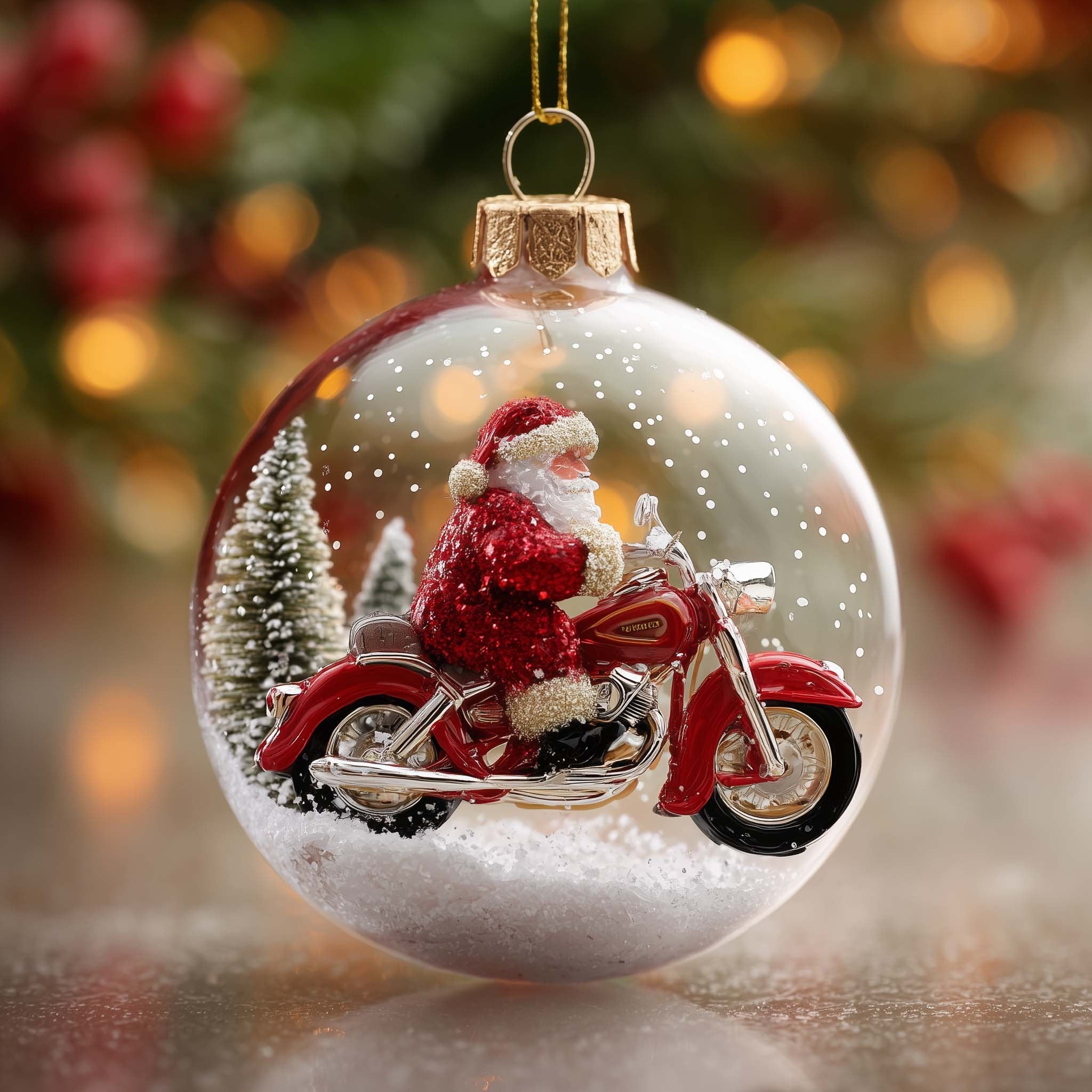 Santa's Motorbike in a Snow Globe Christmas Ornament