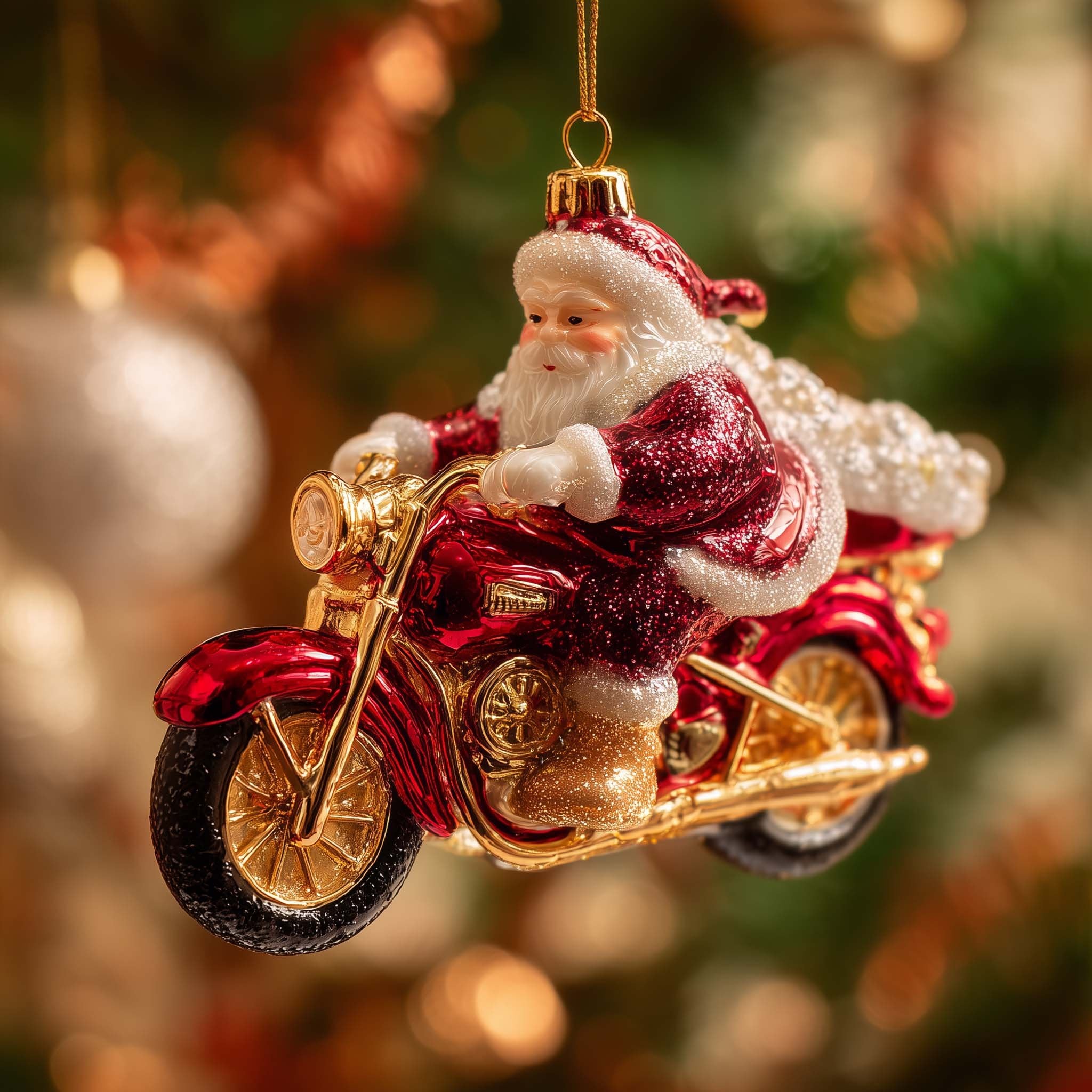 Santa Riding a Red Motorcycle Christmas Ornament