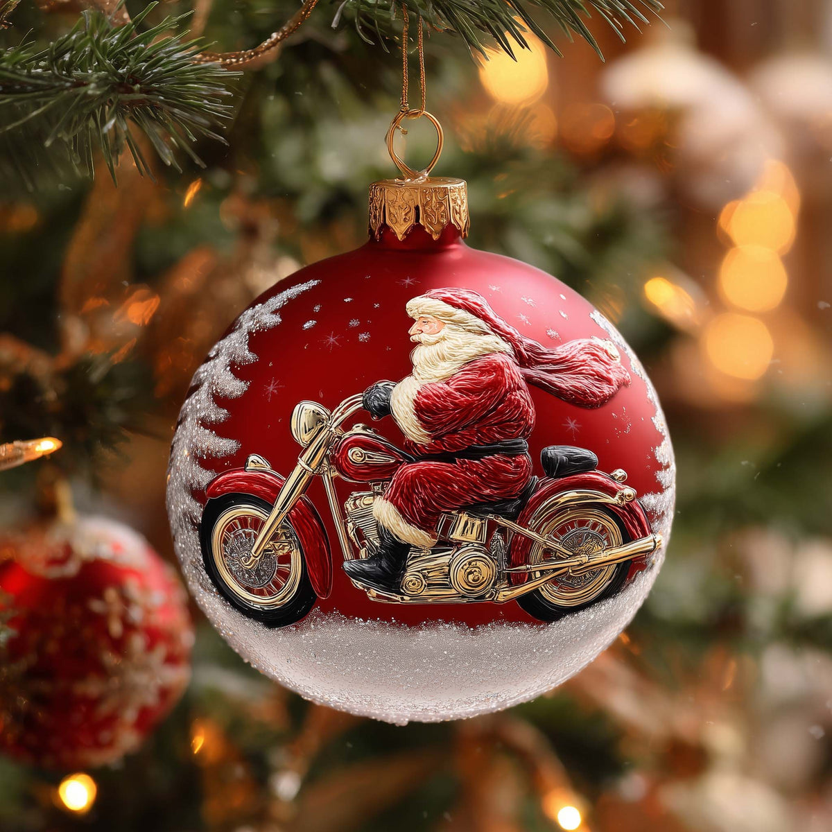 Santa's Motorbike Red Bauble Christmas Ornament