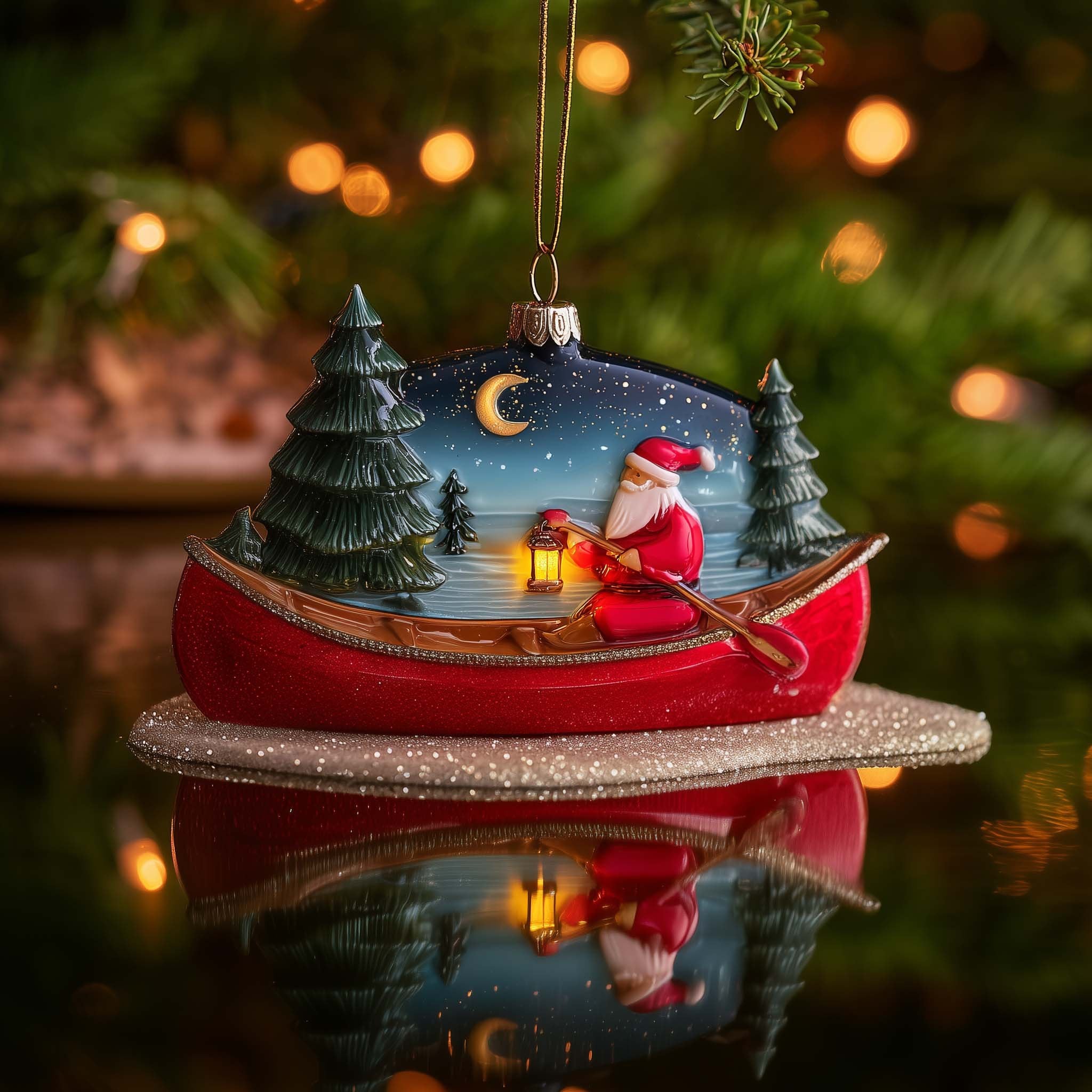 Santa Rowing a Red Canoe Christmas Ornament