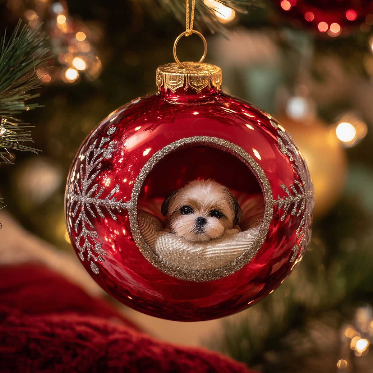 Shih Tzu in a Red Bauble Nest Christmas Ornament