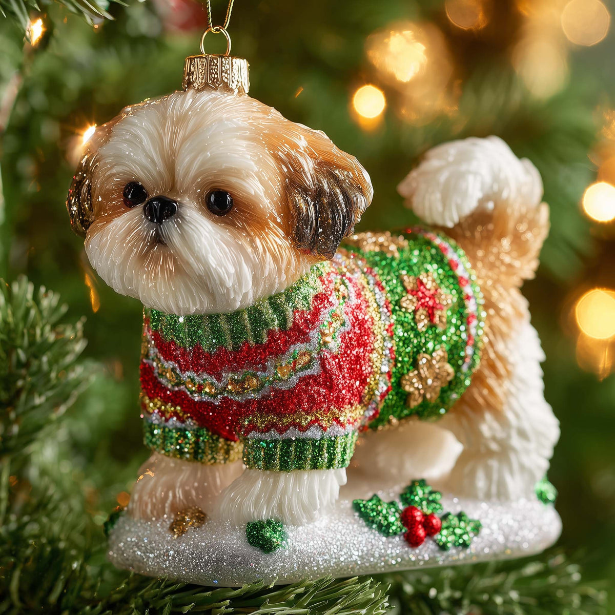 Shih Tzu in a Glitter Jumper Christmas Ornament