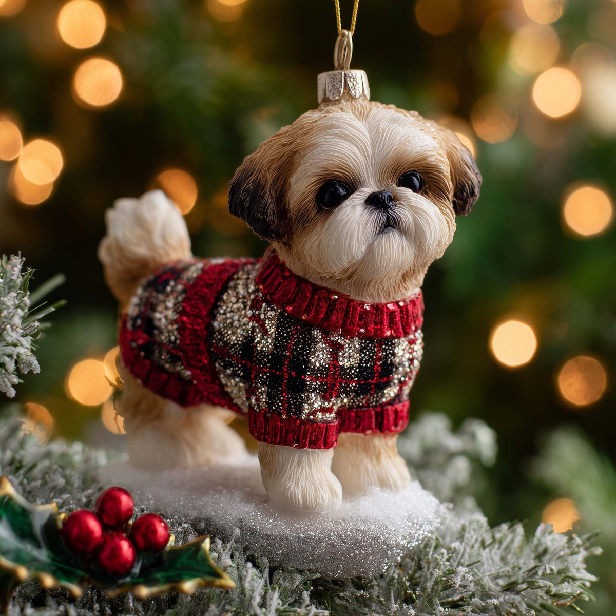 Shih Tzu in a Tartan Sweater Christmas Ornament