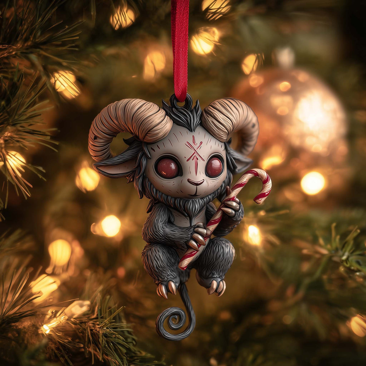 Baby Krampus with a Candy Cane Christmas Ornament
