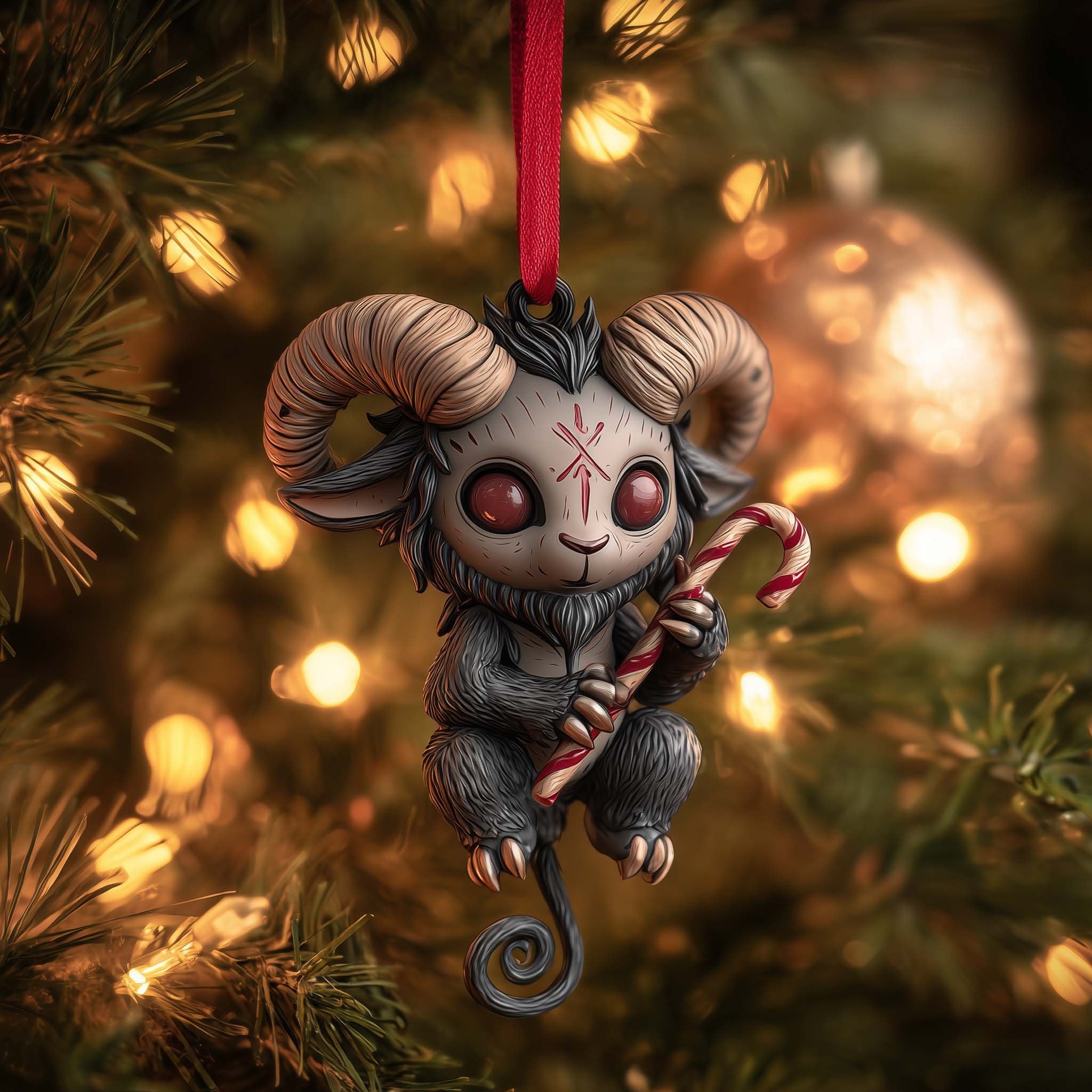 Baby Krampus with a Candy Cane Christmas Ornament
