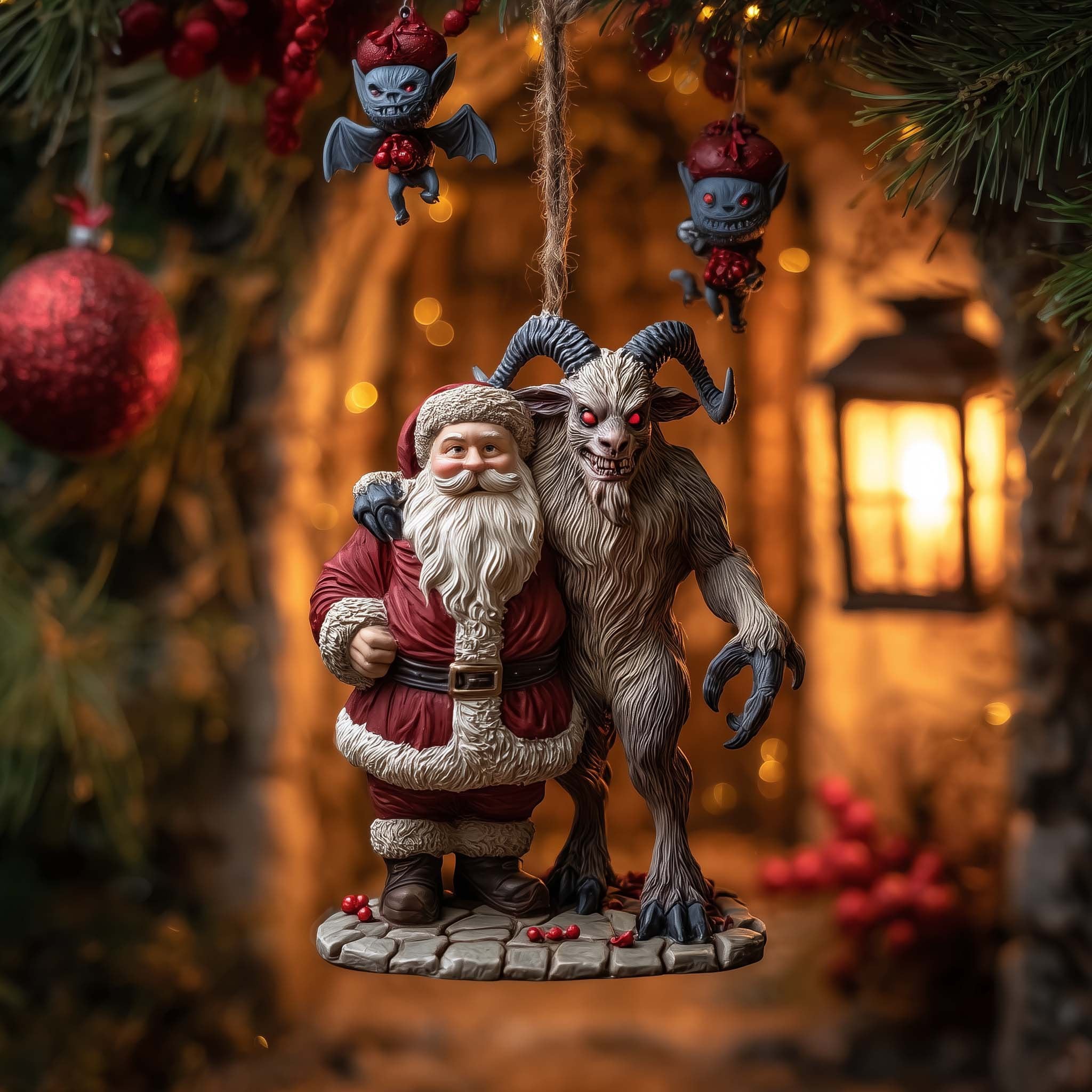Santa and Krampus at the Door Christmas Ornament