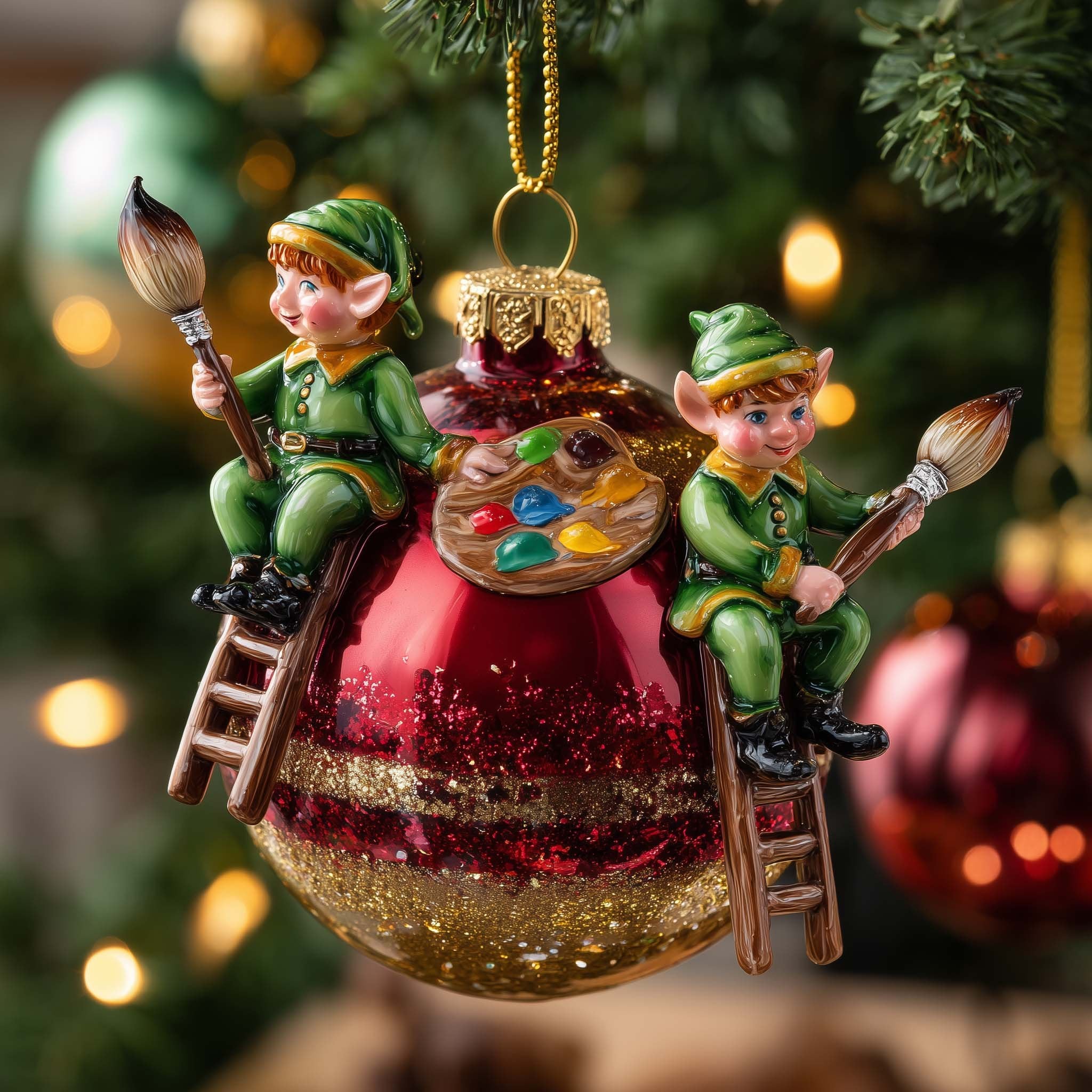 Elf Painters on a Bauble Christmas Ornament