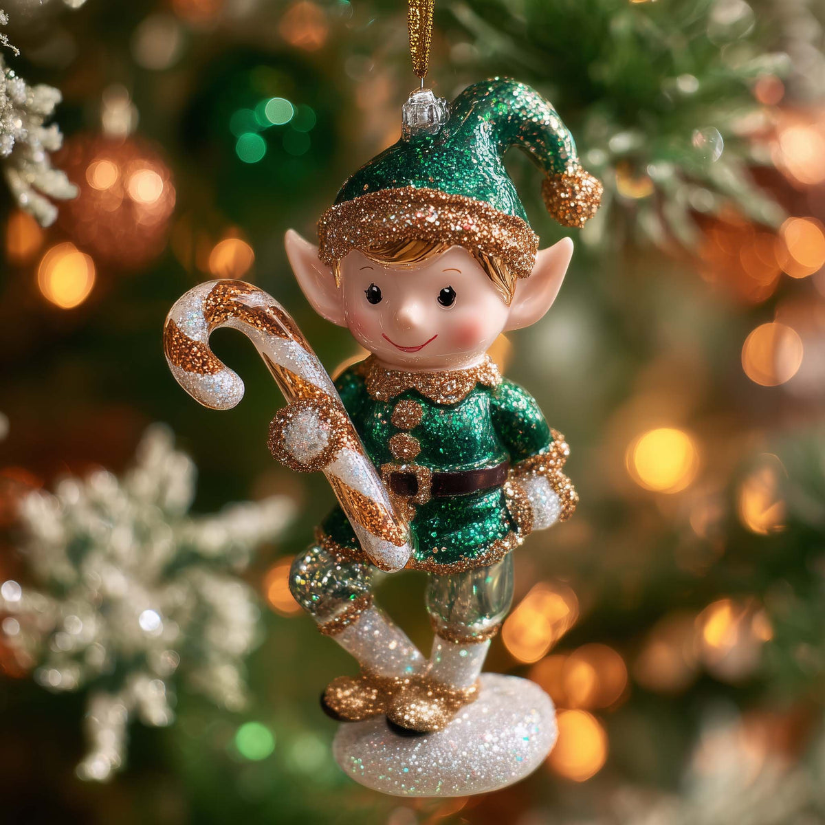 Elf with a Giant Candy Cane Christmas Ornament