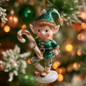 Elf with a Giant Candy Cane Christmas Ornament - Made to Order Gift