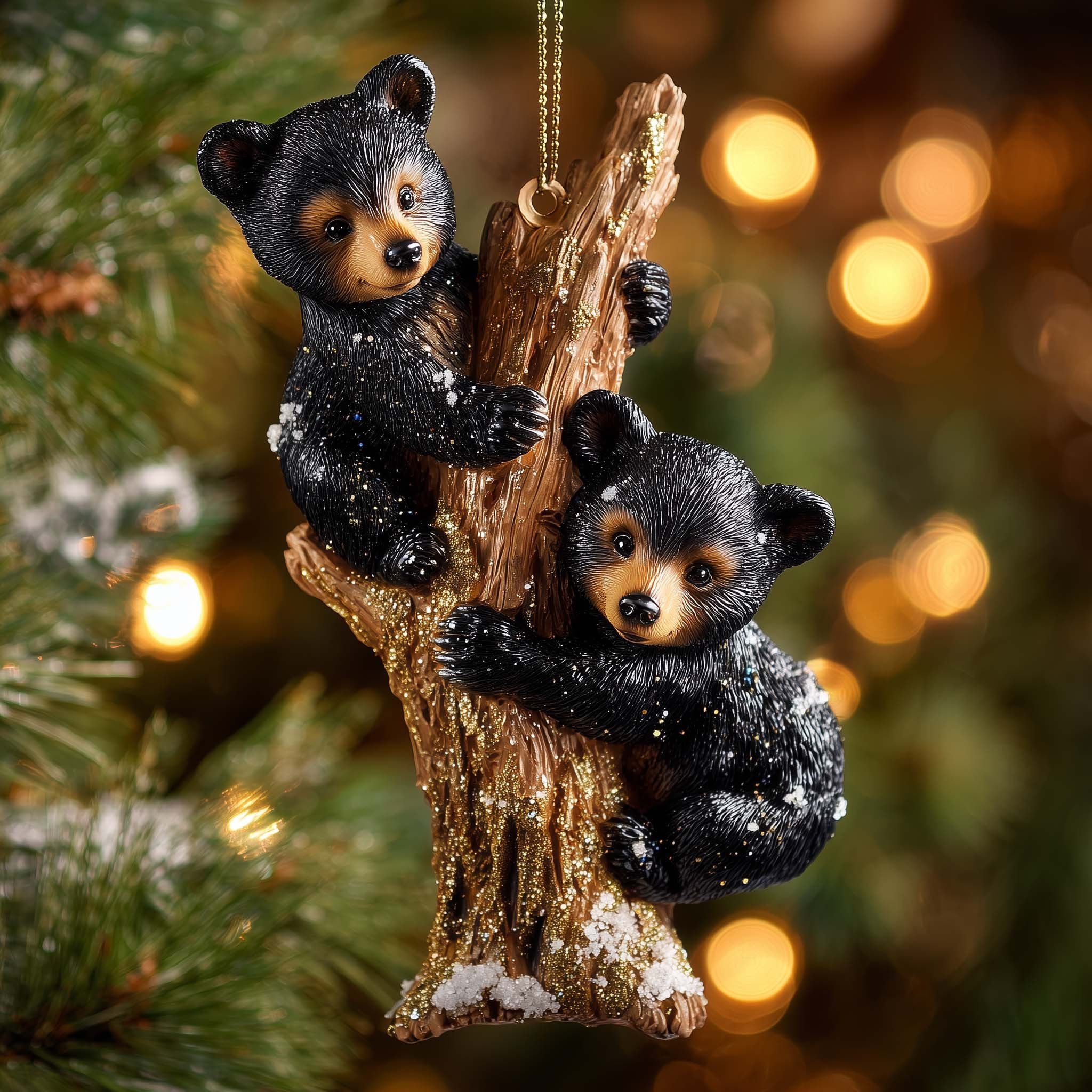 Bear Cubs Climbing a Branch Christmas Ornament