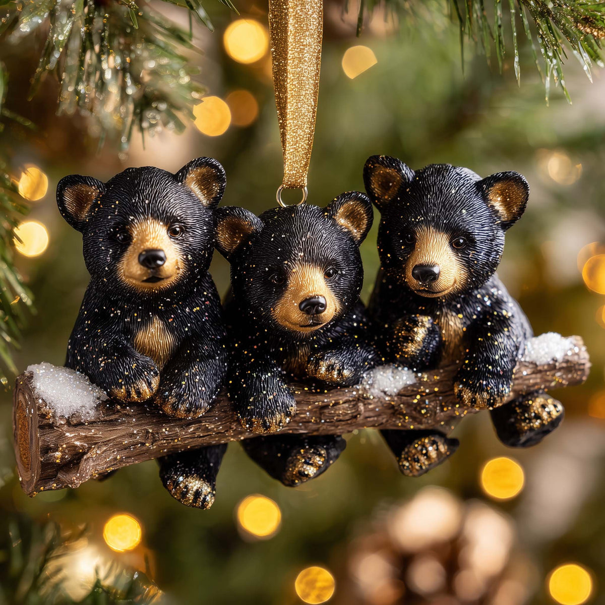 Three Bear Cubs on a Log Christmas Ornament