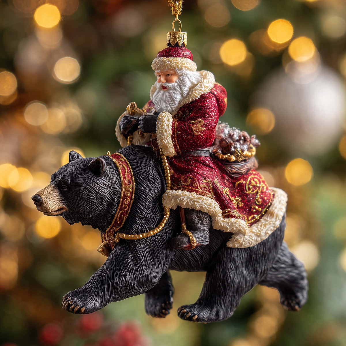 Santa Riding a Black Bear Christmas Ornament