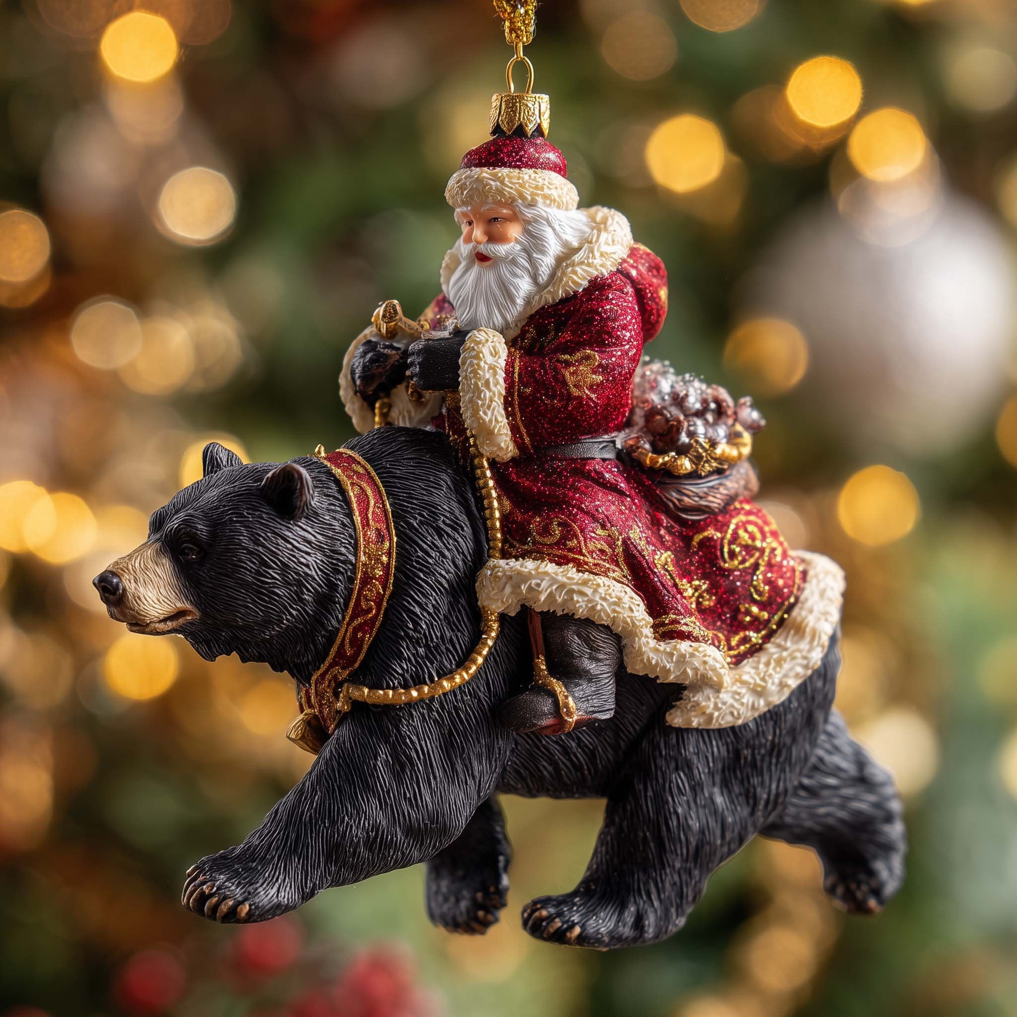 Santa Riding a Black Bear Christmas Ornament