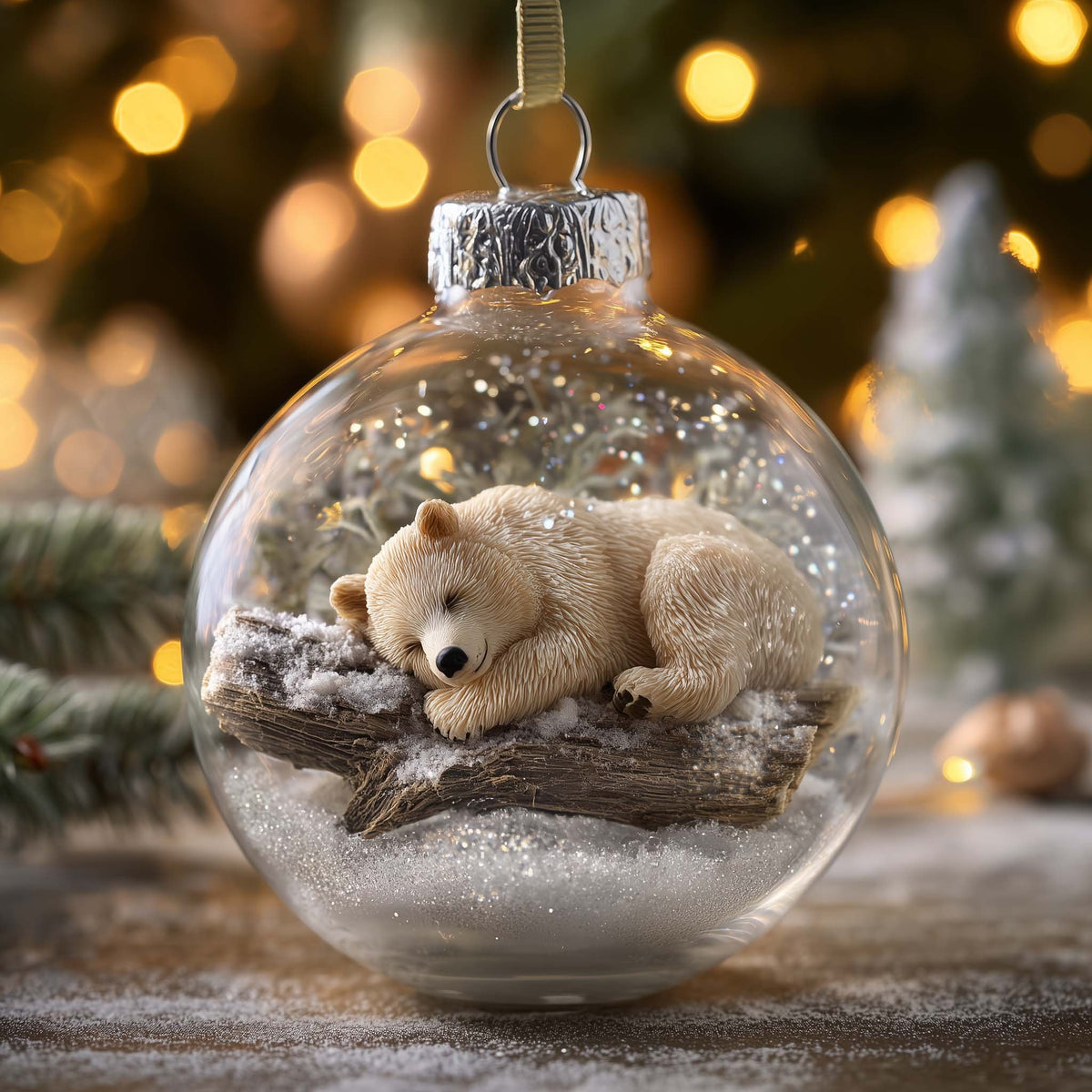 Polar Cub Asleep in a Globe Christmas Ornament
