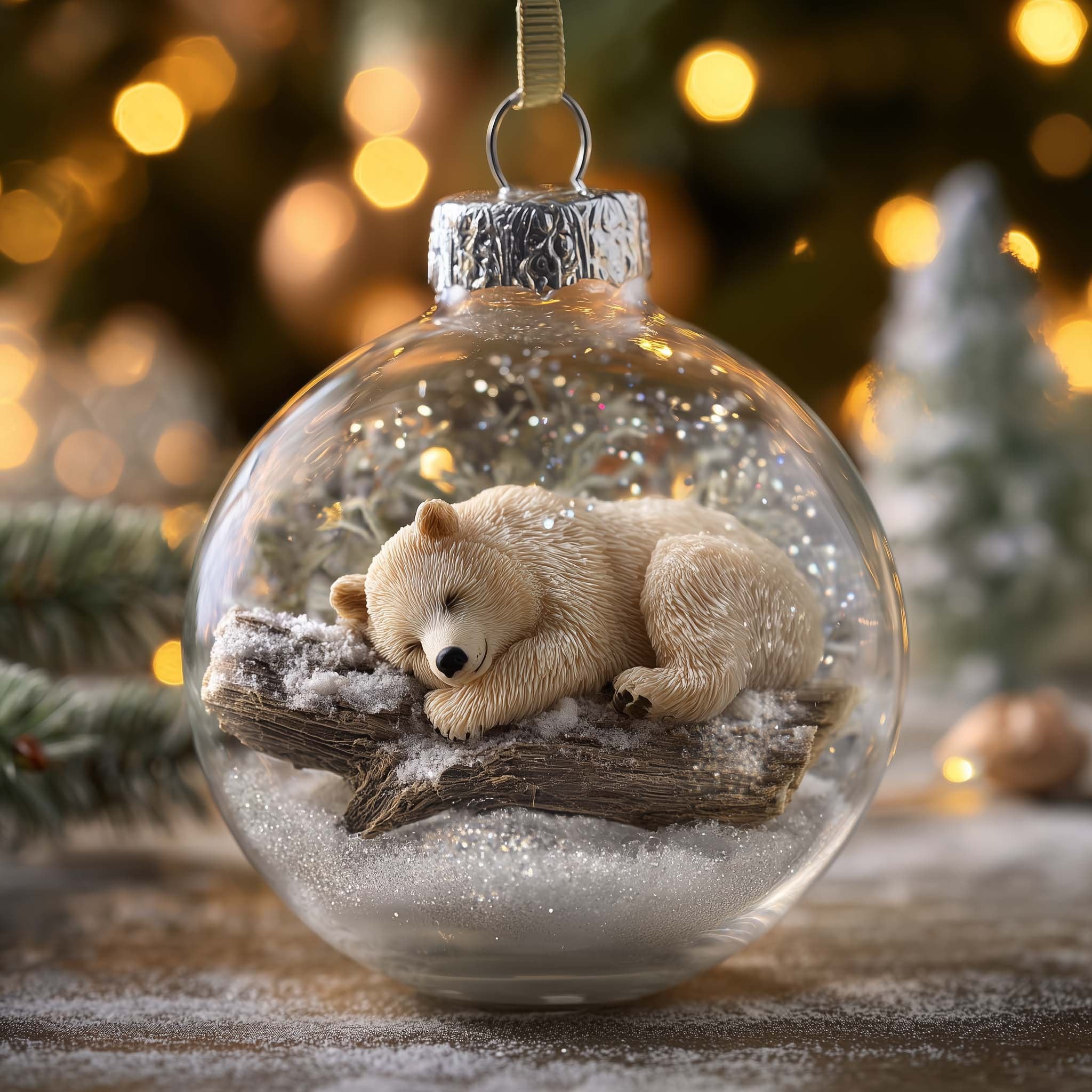 Polar Cub Asleep in a Globe Christmas Ornament