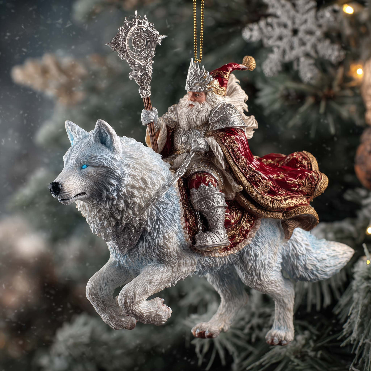 Winter Santa on a White Wolf Christmas Ornament