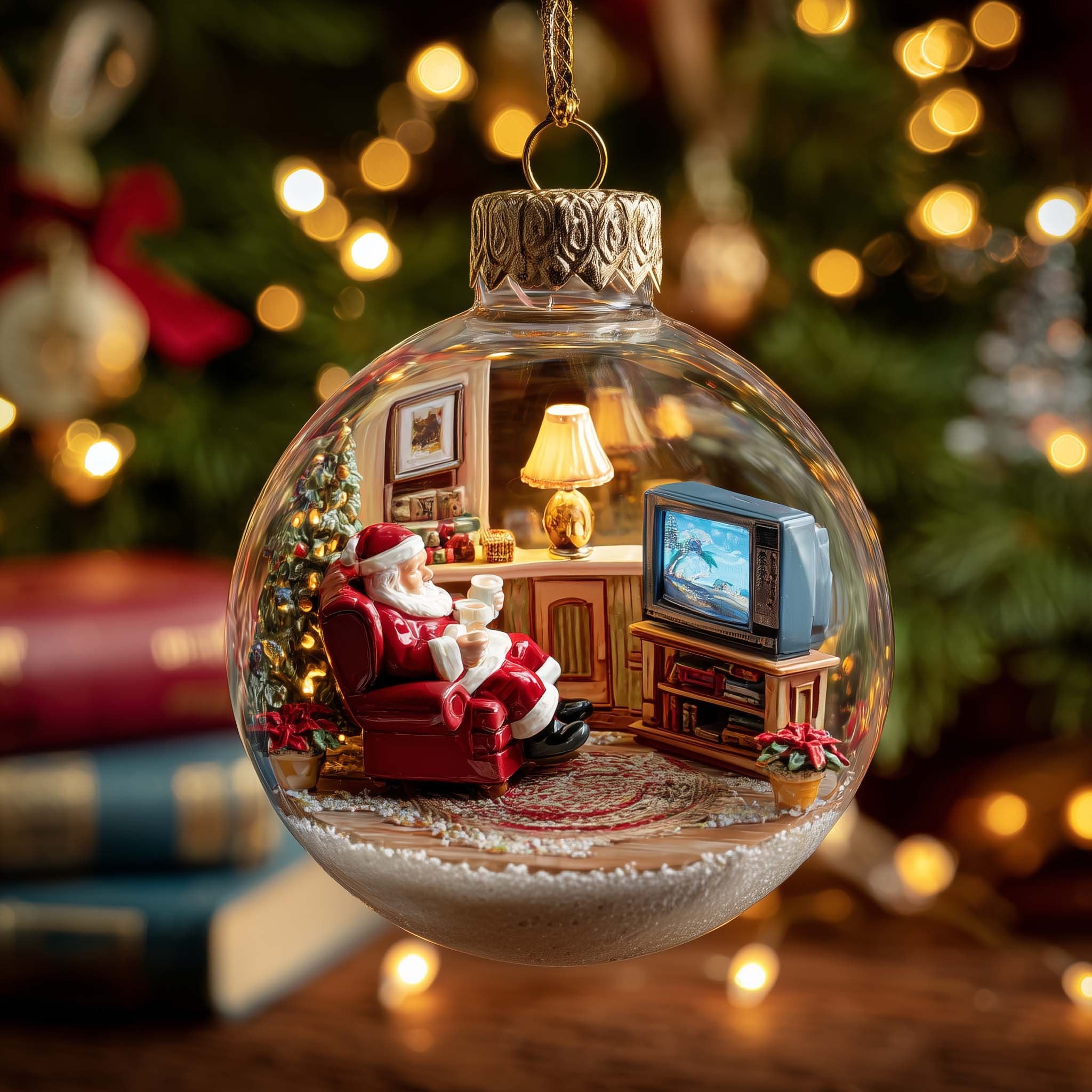Santa Watching TV by the Fire Christmas Ornament