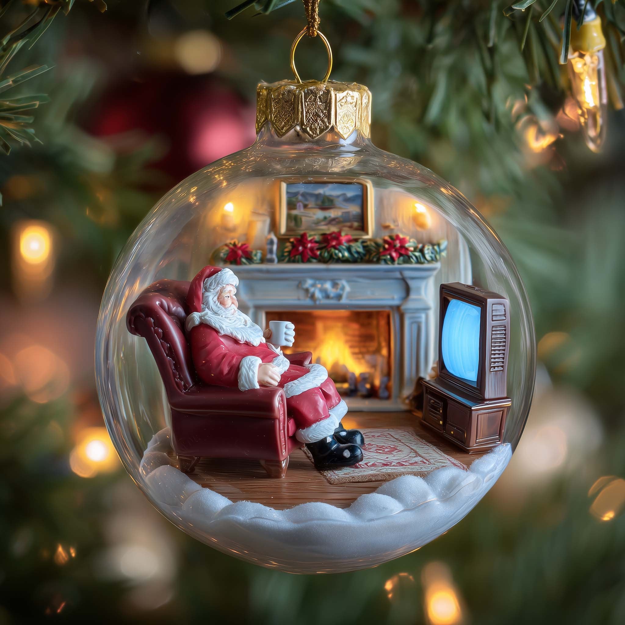 Santa's Fireside Evening Globe Christmas Ornament