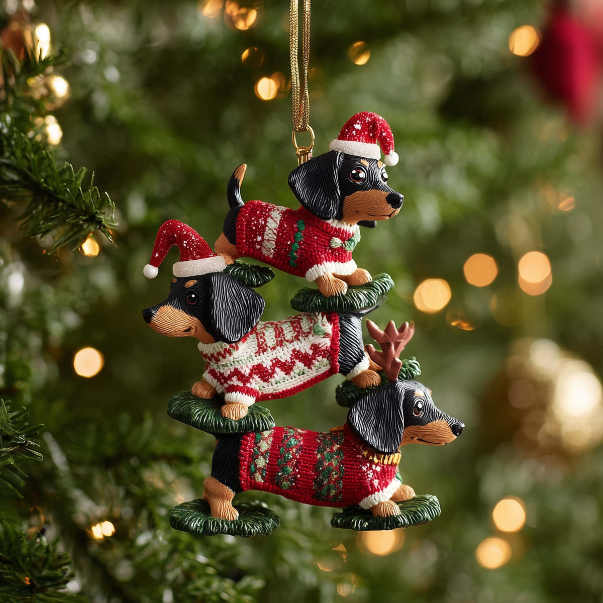 Dachshund Trio in Santa Hats Christmas Ornament