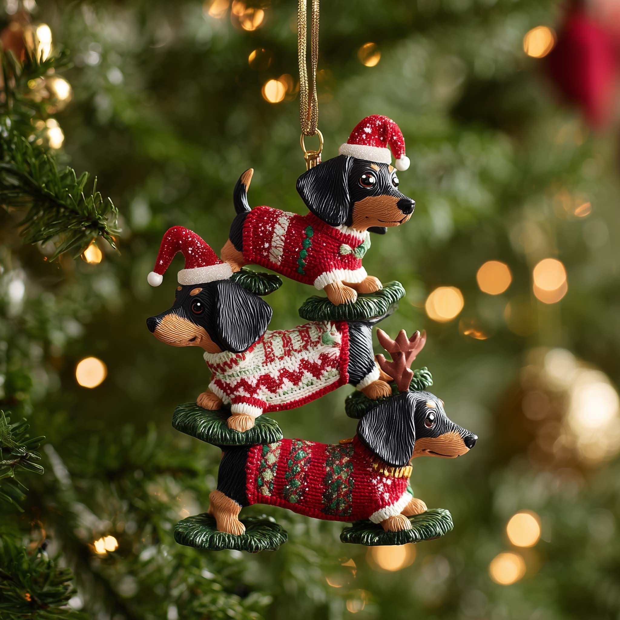 Dachshund Trio in Santa Hats Christmas Ornament