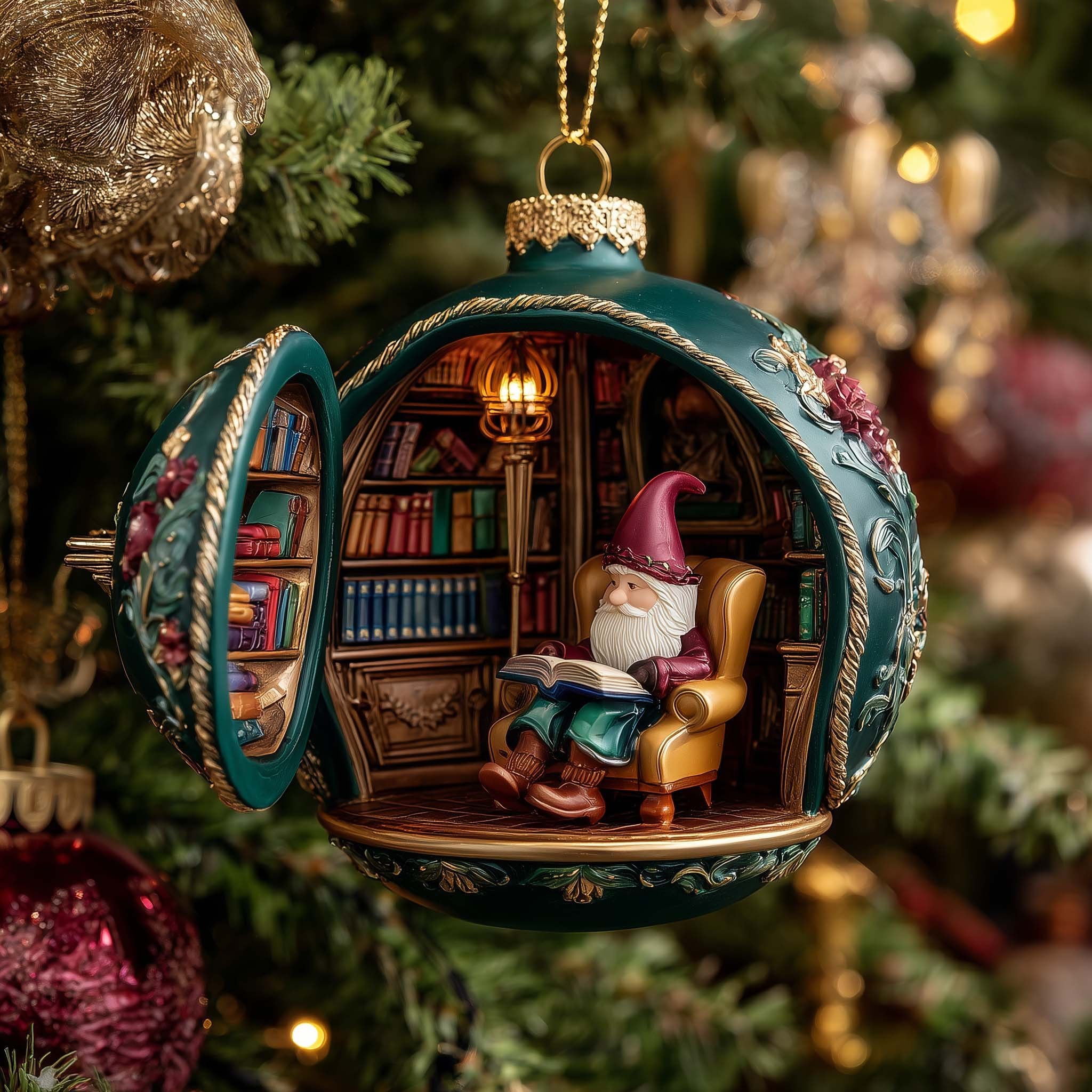 Gnome Reading in the Library Bauble Christmas Ornament