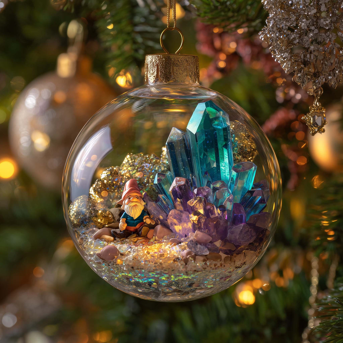 Gnome in a Crystal Cave Globe Christmas Ornament