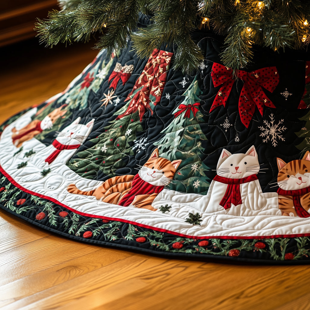 Cats in Red Scarves on Snow Christmas Tree Skirt