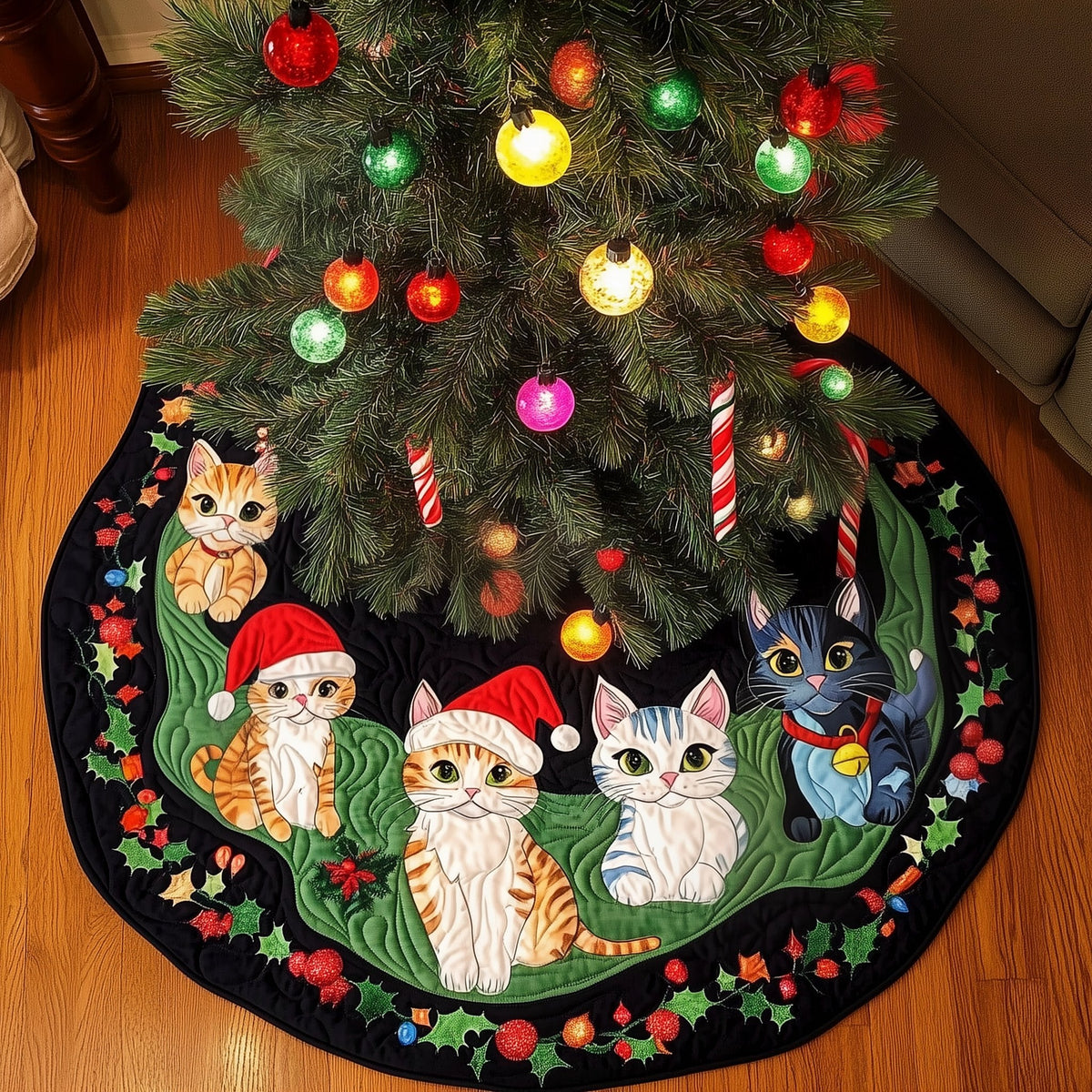 Kittens in Santa Hats on Ivy Christmas Tree Skirt