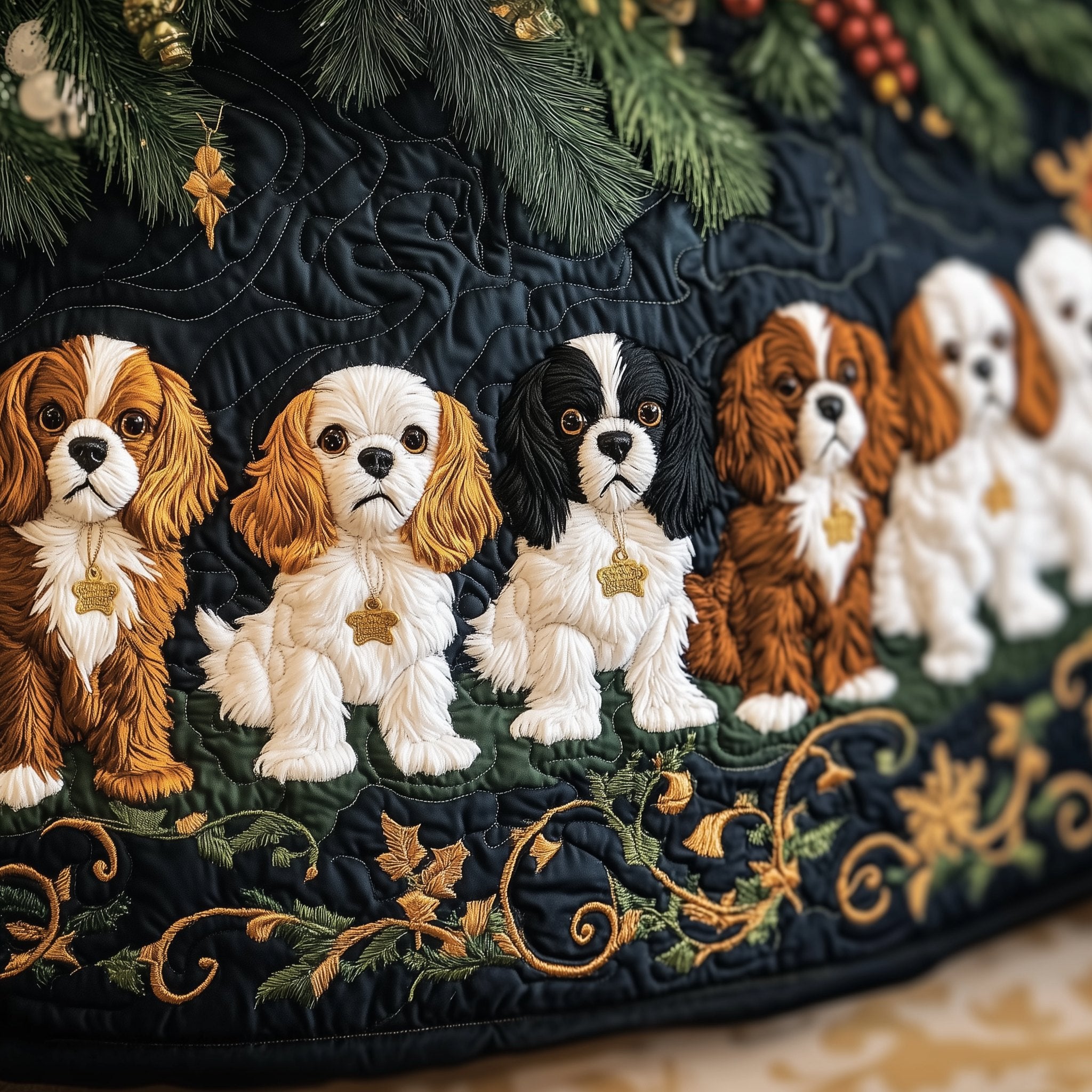 Cavalier Spaniels on Green Gold Vine Christmas Tree Skirt